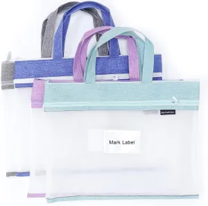 Student Book Pouches with Handle Mesh Zipper Bags with Clear Name Card Suit for A4 Files Books, Set of 4, 4 Colors (185/4PCS)