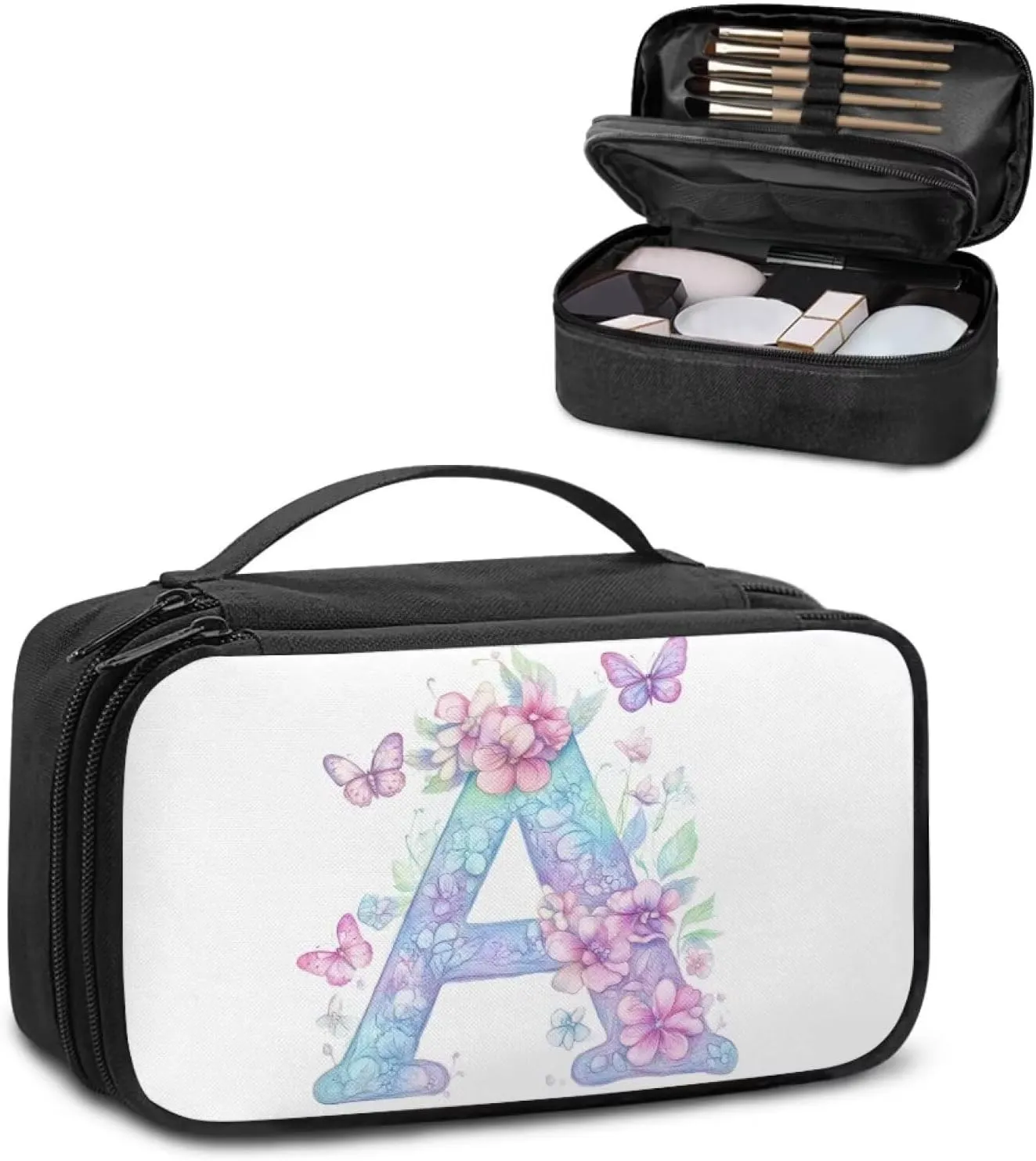 Stylish Initial Makeup Bag for Women for Working Women - Waterproof Polyester Cosmetic Organizer with Multiple Pockets, Machine Washable Gift Idea White A