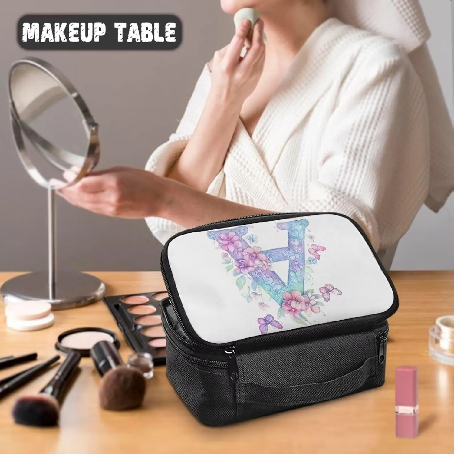 Stylish Initial Makeup Bag for Women for Working Women - Waterproof Polyester Cosmetic Organizer with Multiple Pockets, Machine Washable Gift Idea White A