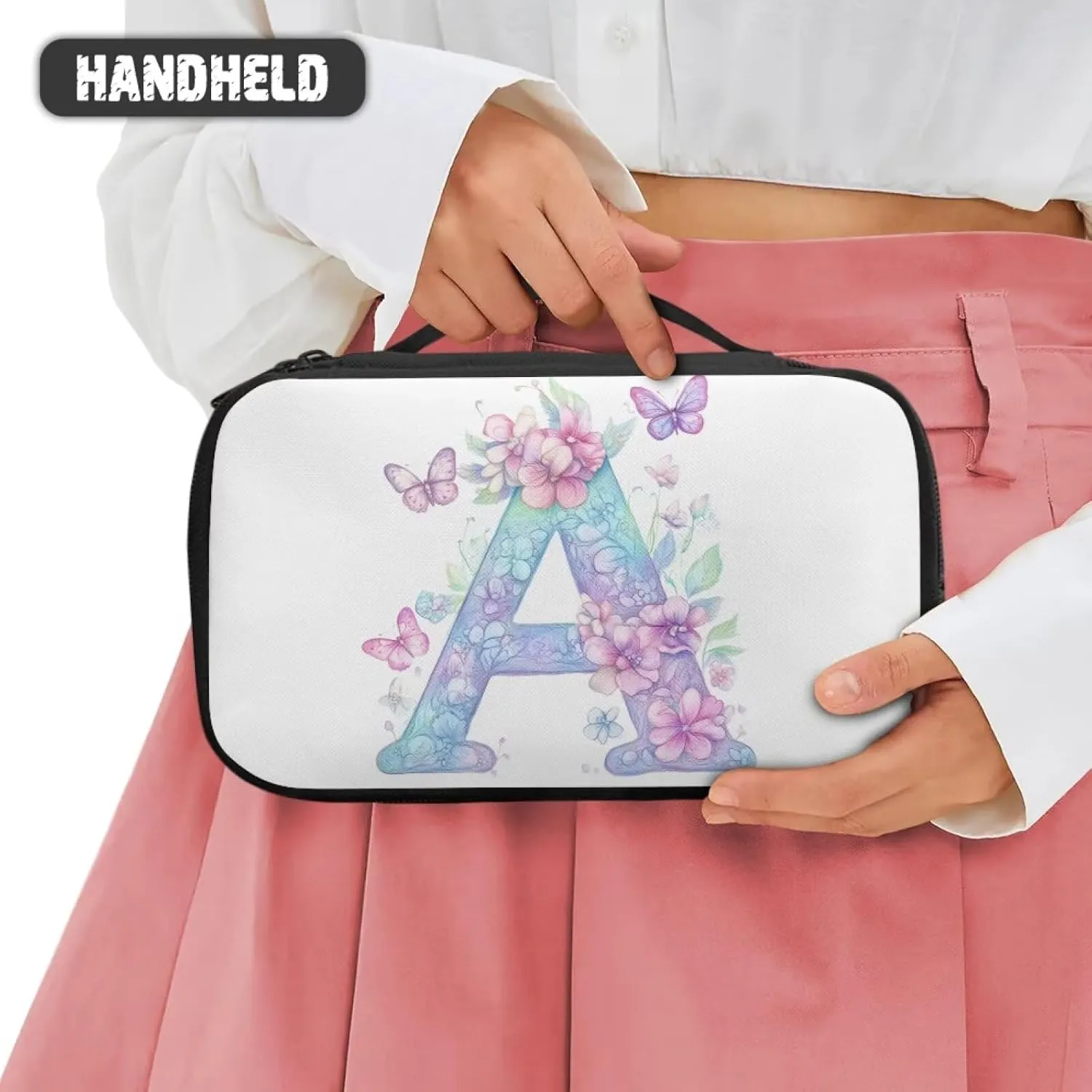 Stylish Initial Makeup Bag for Women for Working Women - Waterproof Polyester Cosmetic Organizer with Multiple Pockets, Machine Washable Gift Idea White A