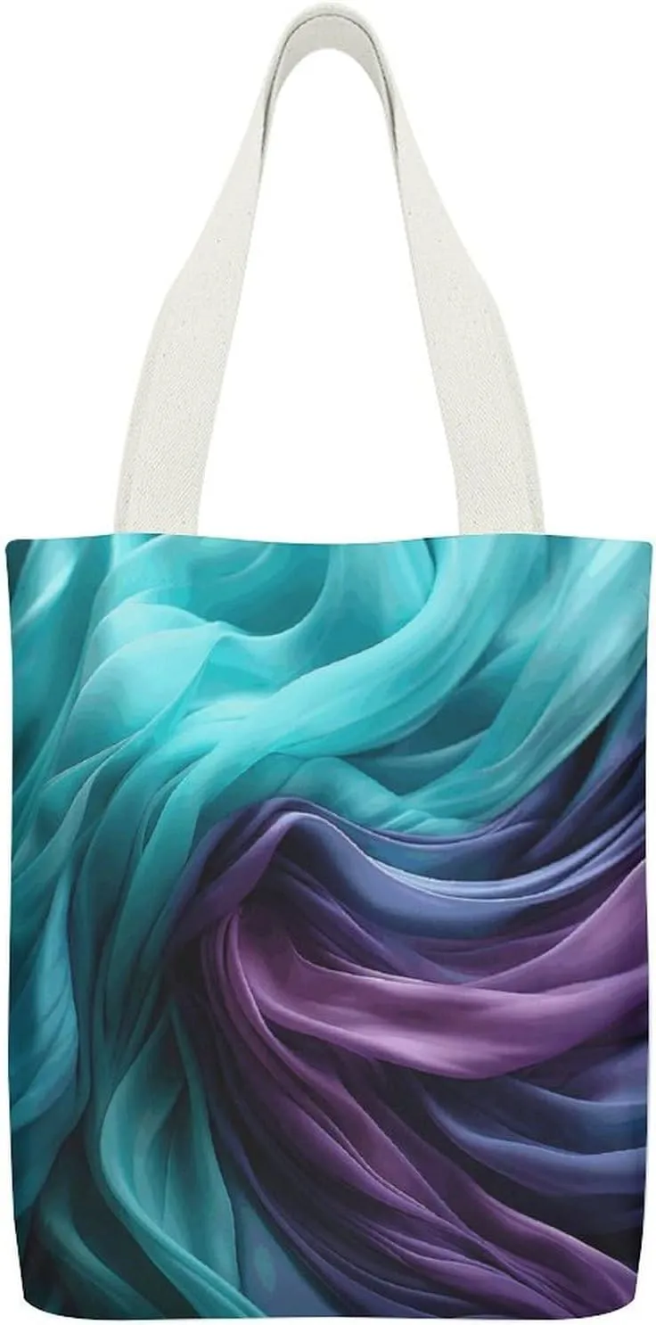 Stylish Shoulder Bag, Light Emerald Green And Purple Print Reusable Grocery Bag Large Canvas Tote Versatile Handbag All-purpose Tote