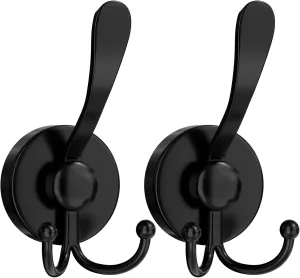 Suction Cup Hooks for Shower, Large Double Shower Hooks for Inside Shower, Heavy Duty Suction Hooks for Glass Window, Double Hook for Hanging Bath Towels - 2 Pack, Black