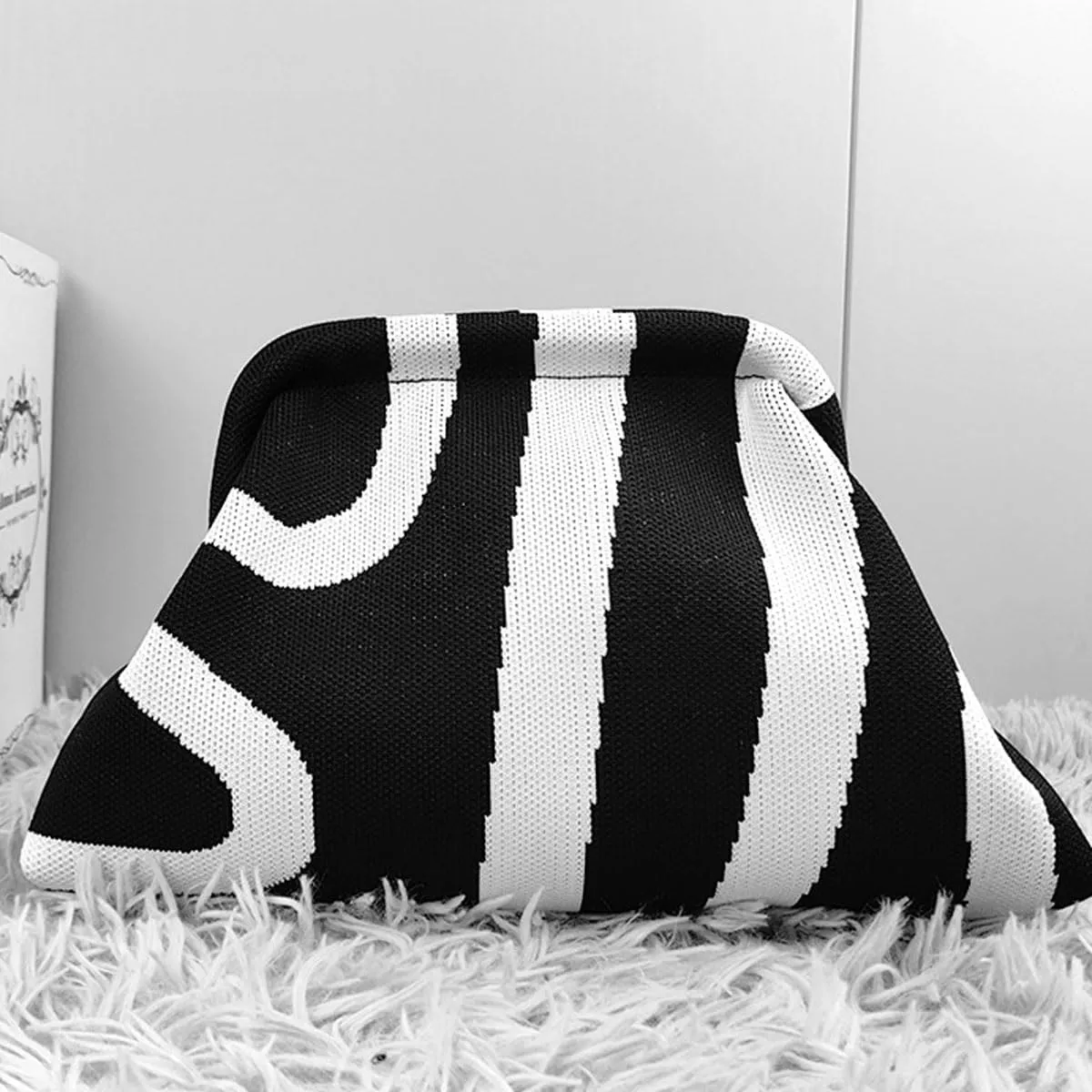 Summer Stripe Crochet Bags Clutch for Women Beach Woven Color Block Dumpling Bags Purse