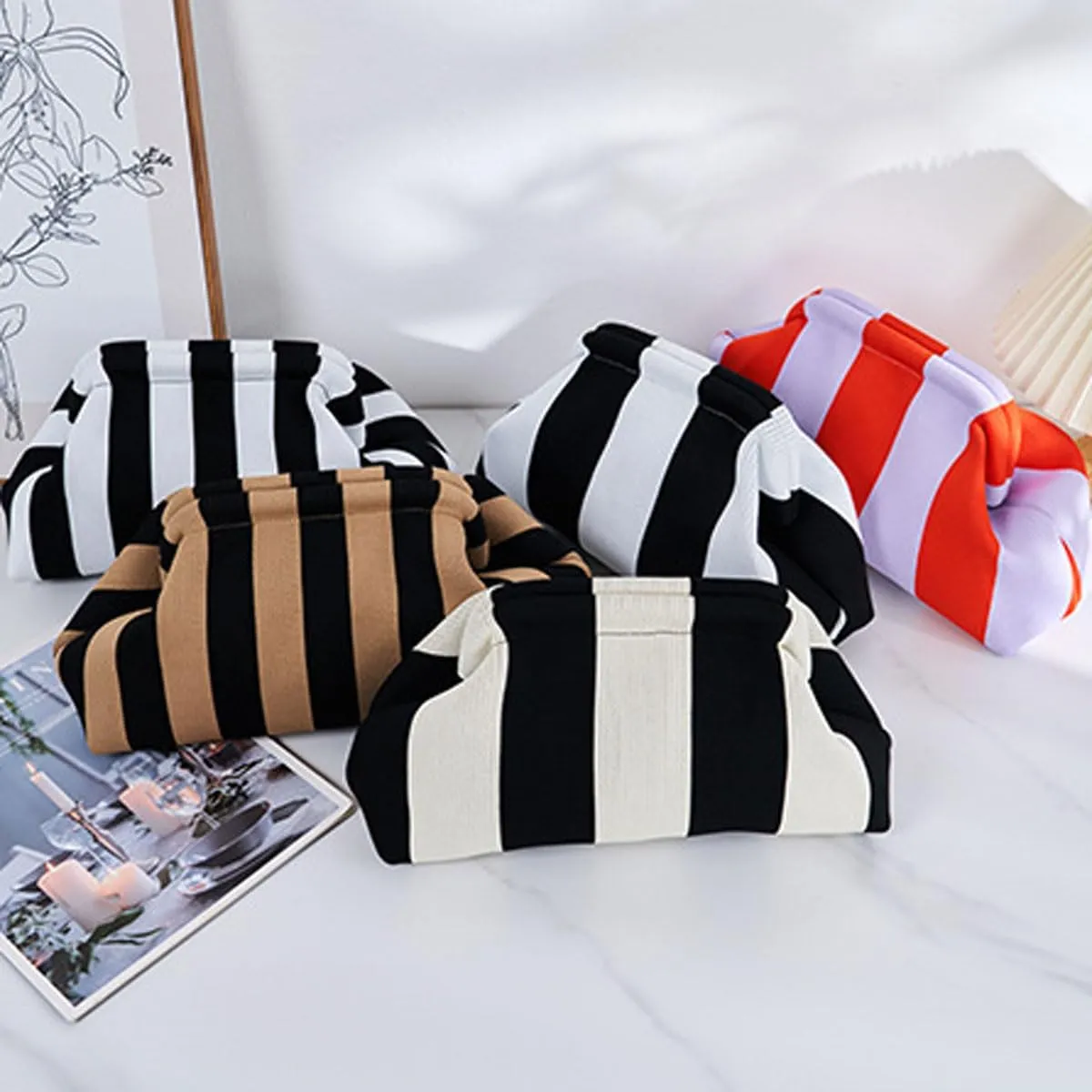Summer Stripe Crochet Bags Clutch for Women Beach Woven Color Block Dumpling Bags Purse