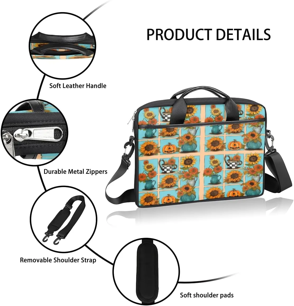 Sunflower Kettles Pumpkin Laptop Bag for Men Women 13-15 Inch Case Bags Sleeve Shoulder with Anti Slip Removable