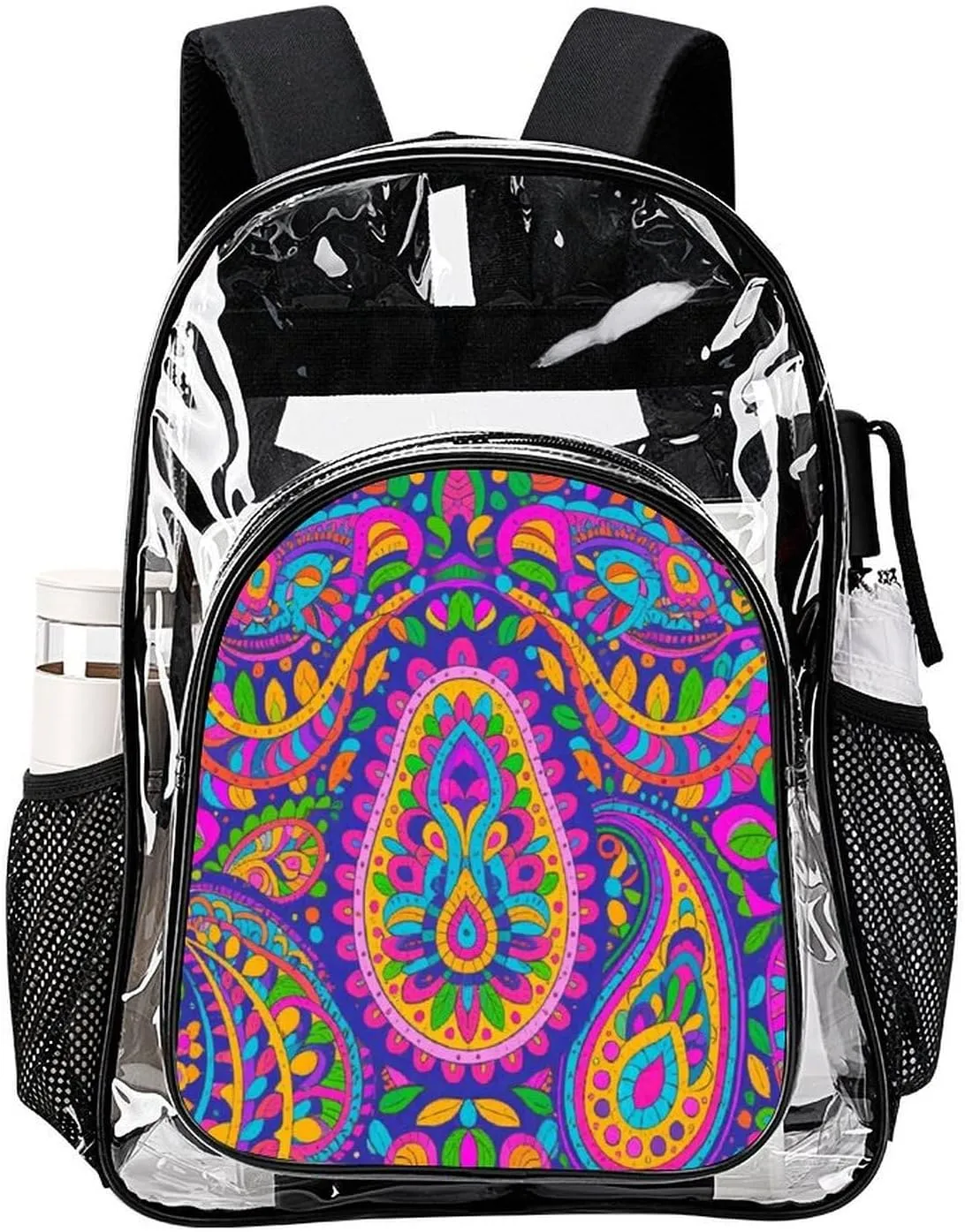 Supdreamc Colorful Flowers Leaves Paisley Art Rucksacks Lightweight Multipurpose Transparent Shoulder Bag Big Capacity Traveling & Camping Backpack With Side Pockets