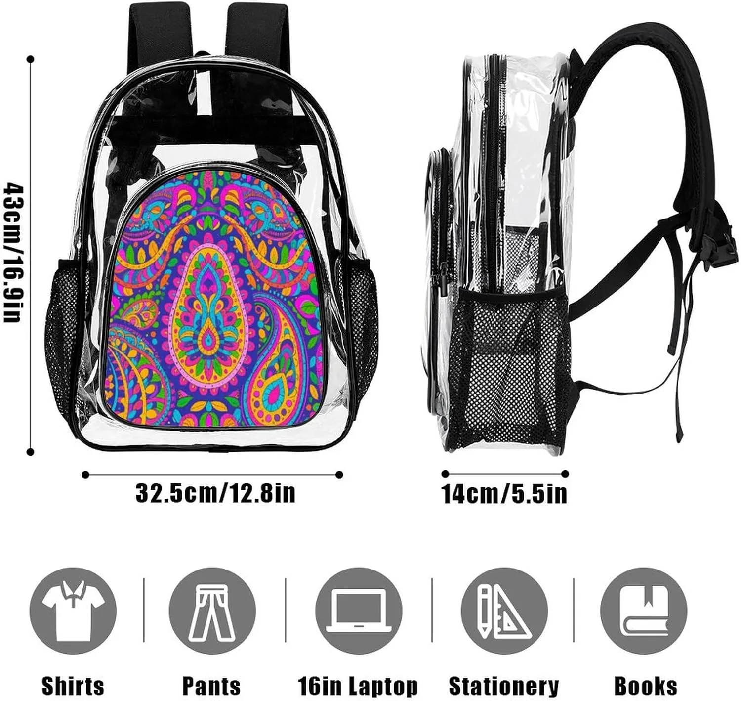 Supdreamc Colorful Flowers Leaves Paisley Art Rucksacks Lightweight Multipurpose Transparent Shoulder Bag Big Capacity Traveling & Camping Backpack With Side Pockets