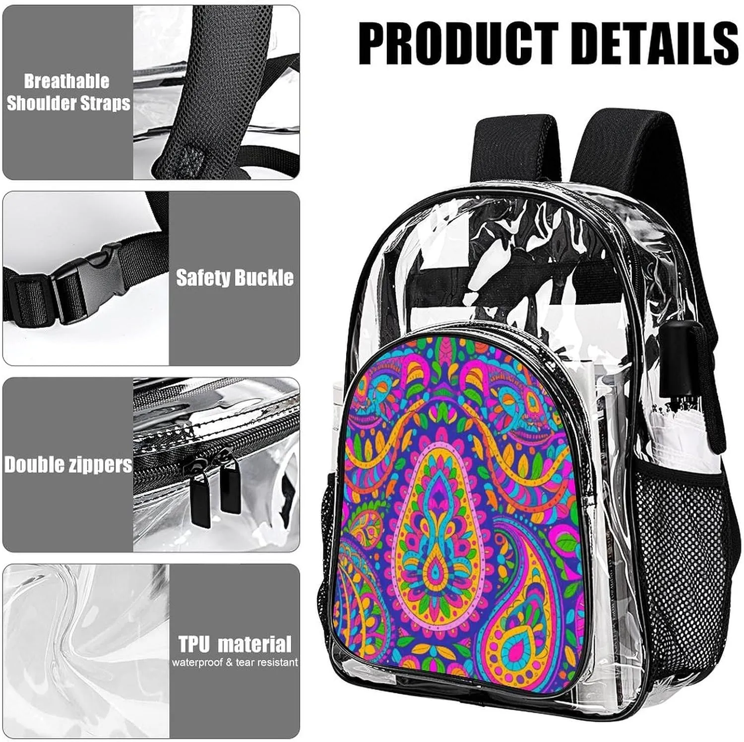 Supdreamc Colorful Flowers Leaves Paisley Art Rucksacks Lightweight Multipurpose Transparent Shoulder Bag Big Capacity Traveling & Camping Backpack With Side Pockets