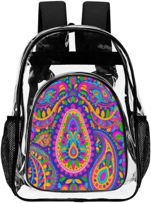 Supdreamc Colorful Flowers Leaves Paisley Art Rucksacks Lightweight Multipurpose Transparent Shoulder Bag Big Capacity Traveling & Camping Backpack With Side Pockets