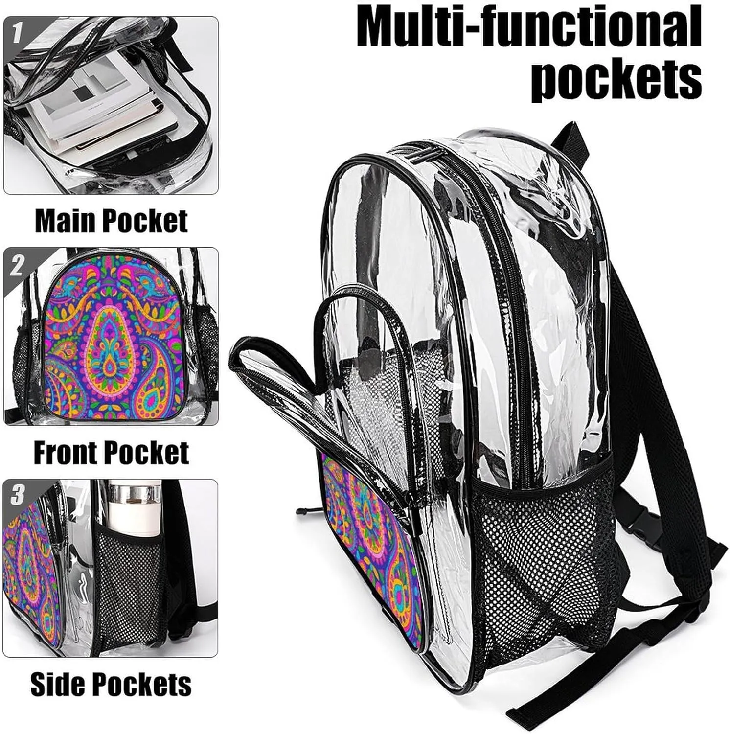 Supdreamc Colorful Flowers Leaves Paisley Art Rucksacks Lightweight Multipurpose Transparent Shoulder Bag Big Capacity Traveling & Camping Backpack With Side Pockets