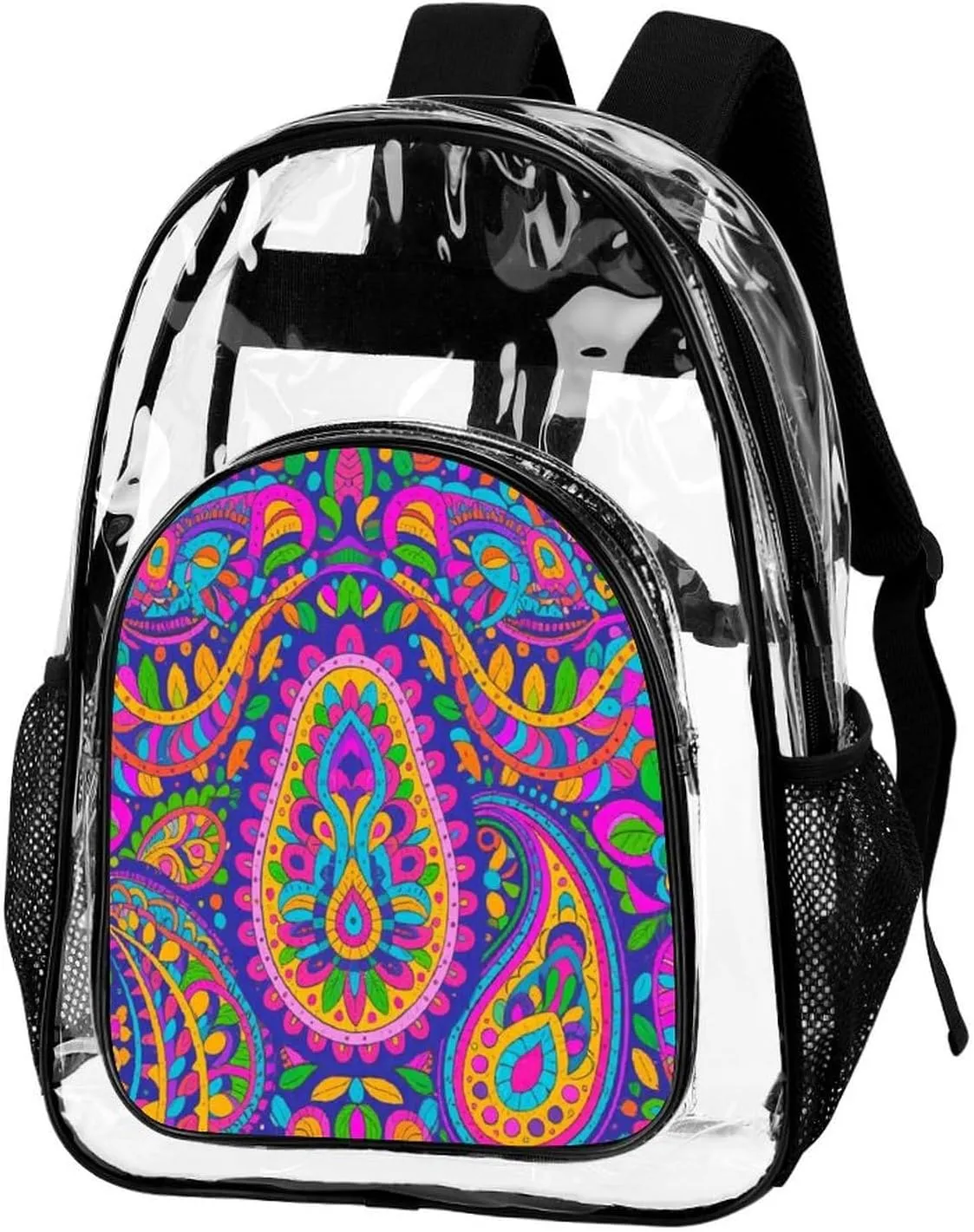 Supdreamc Colorful Flowers Leaves Paisley Art Rucksacks Lightweight Multipurpose Transparent Shoulder Bag Big Capacity Traveling & Camping Backpack With Side Pockets