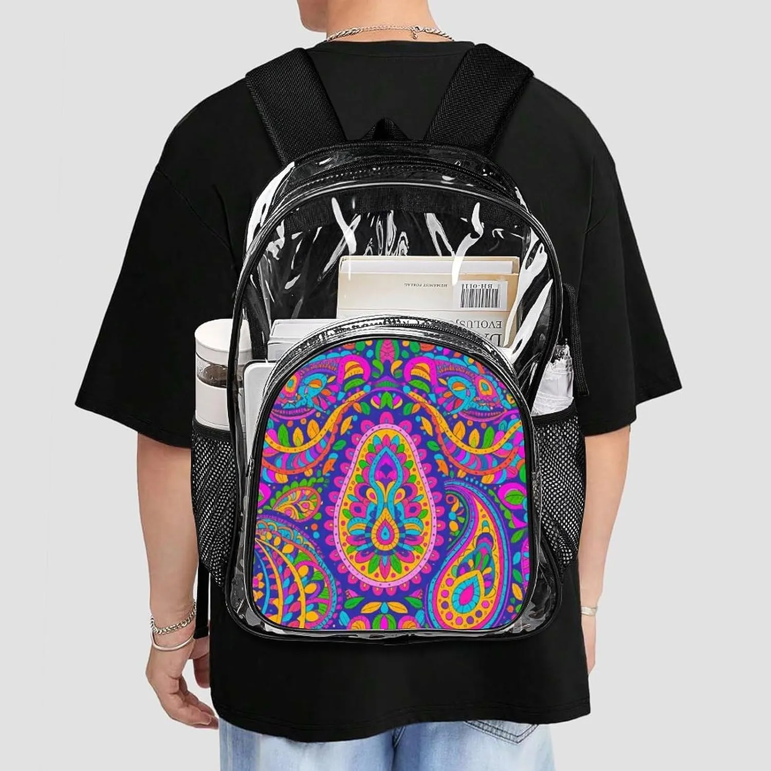 Supdreamc Colorful Flowers Leaves Paisley Art Rucksacks Lightweight Multipurpose Transparent Shoulder Bag Big Capacity Traveling & Camping Backpack With Side Pockets