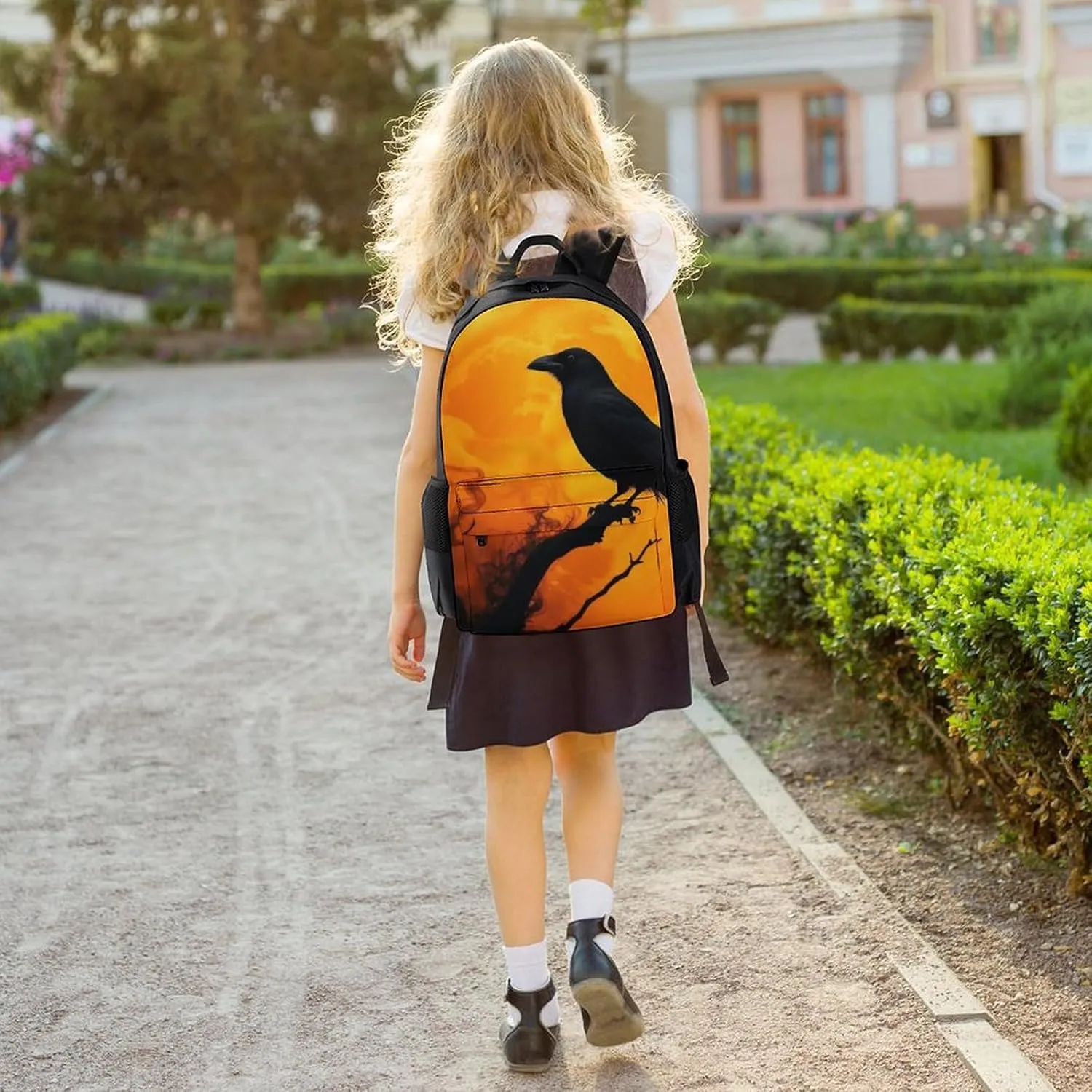 Supdreamc Daypack Anti-Theft Multipurpose Large Capacity Shoulder Bag - Full Moon Goth Gothic Crow Raven Bird Travel Hiking & Camping Rucksack With Smooth Zippers