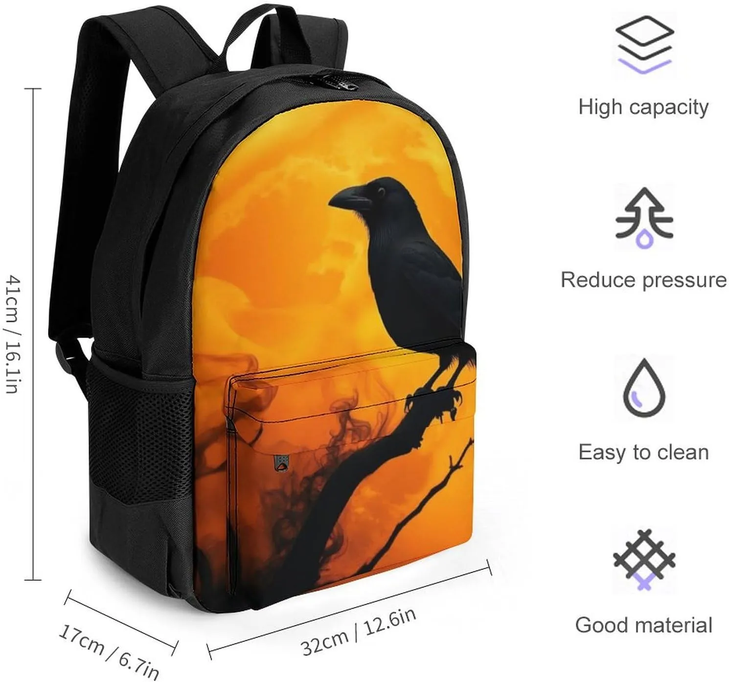 Supdreamc Daypack Anti-Theft Multipurpose Large Capacity Shoulder Bag - Full Moon Goth Gothic Crow Raven Bird Travel Hiking & Camping Rucksack With Smooth Zippers