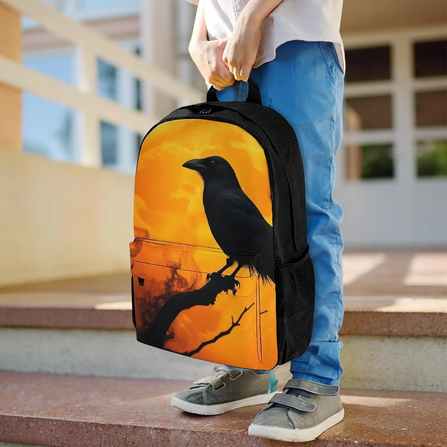 Supdreamc Daypack Anti-Theft Multipurpose Large Capacity Shoulder Bag - Full Moon Goth Gothic Crow Raven Bird Travel Hiking & Camping Rucksack With Smooth Zippers