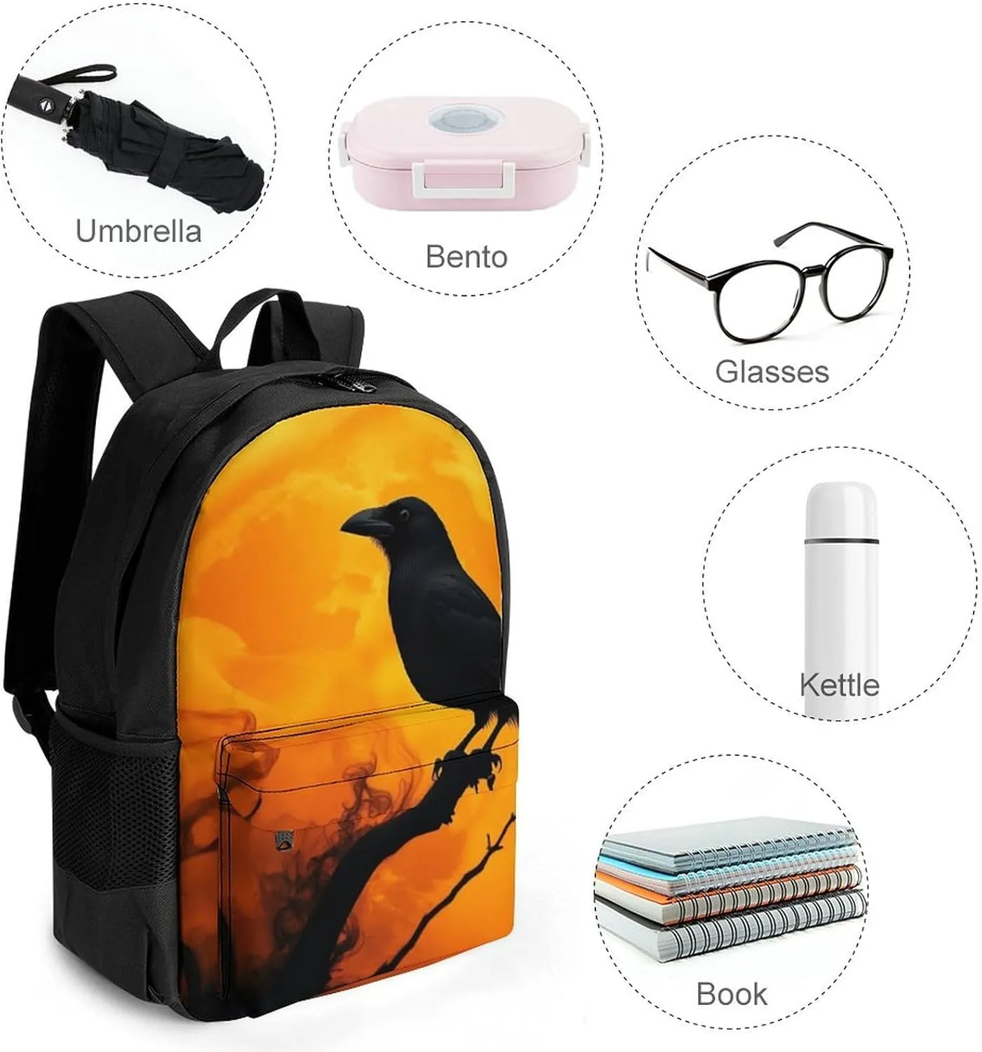Supdreamc Daypack Anti-Theft Multipurpose Large Capacity Shoulder Bag - Full Moon Goth Gothic Crow Raven Bird Travel Hiking & Camping Rucksack With Smooth Zippers
