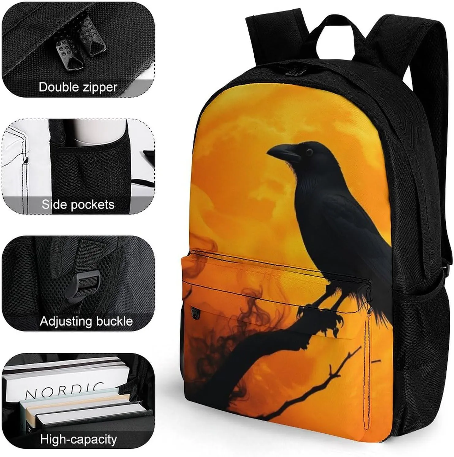Supdreamc Daypack Anti-Theft Multipurpose Large Capacity Shoulder Bag - Full Moon Goth Gothic Crow Raven Bird Travel Hiking & Camping Rucksack With Smooth Zippers