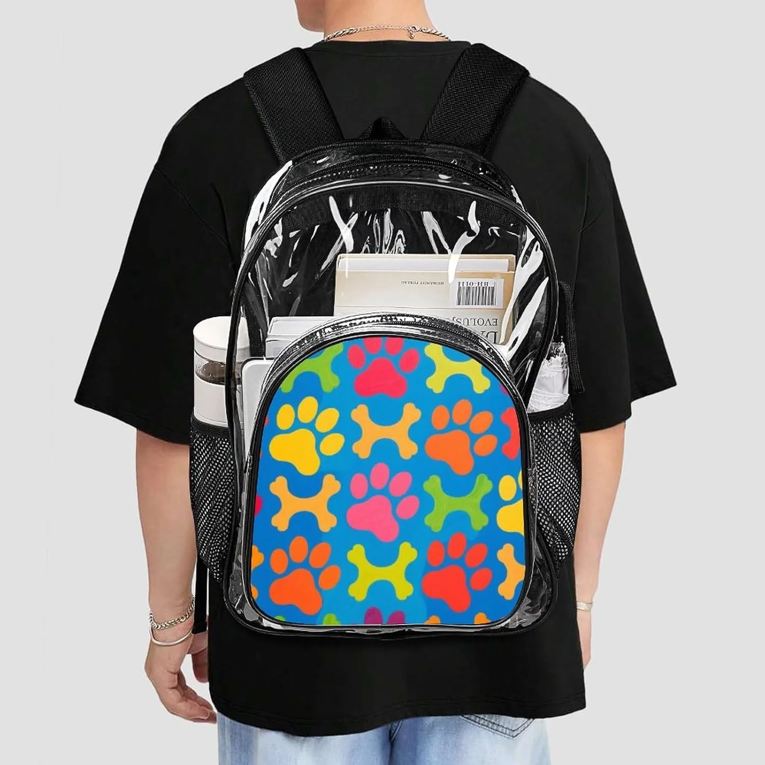 Supdreamc Lightweight Daypack Backpack for Sports Travel Running - Large Capacity Multipurpose Transparent Bookbag, Colorful Dog Bones Paw Prints Laptop Backpack Daypack