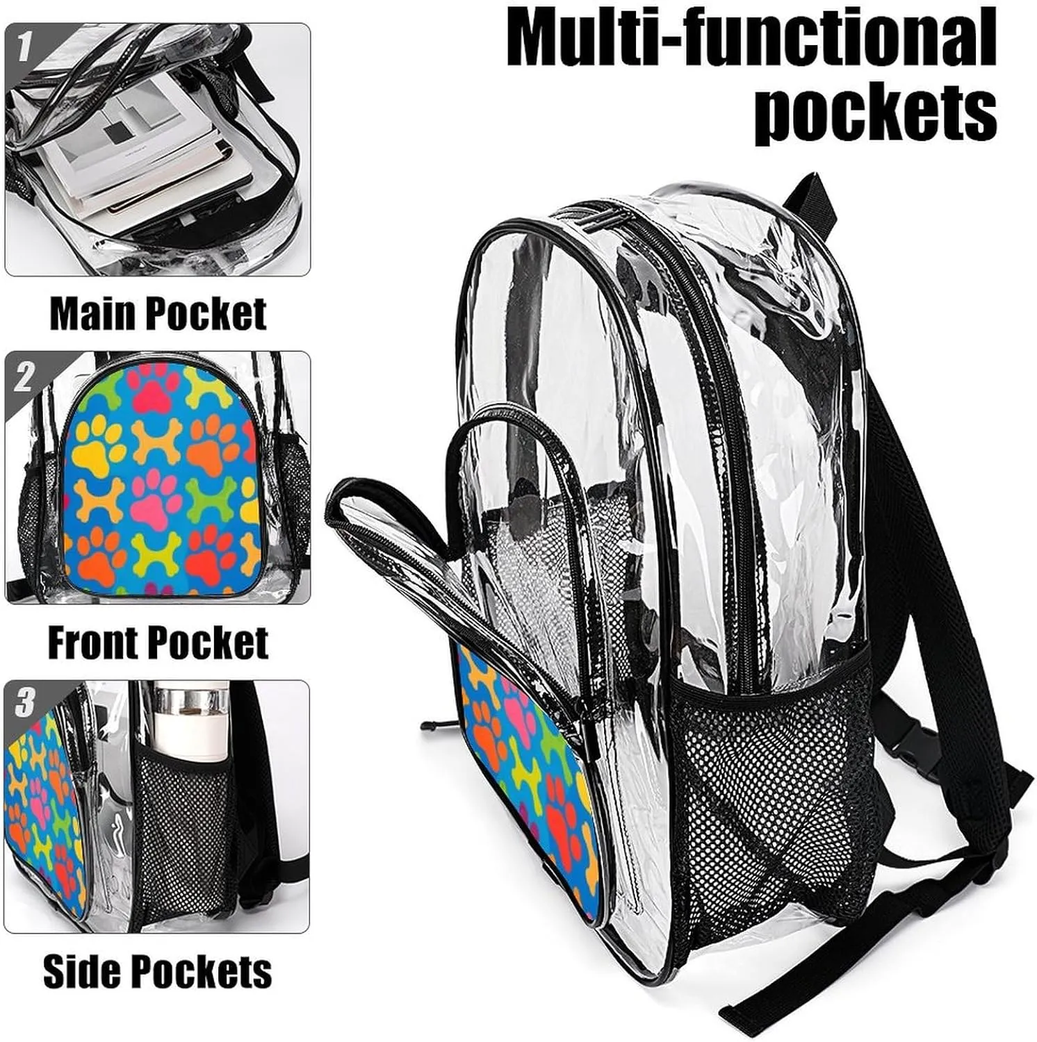 Supdreamc Lightweight Daypack Backpack for Sports Travel Running - Large Capacity Multipurpose Transparent Bookbag, Colorful Dog Bones Paw Prints Laptop Backpack Daypack