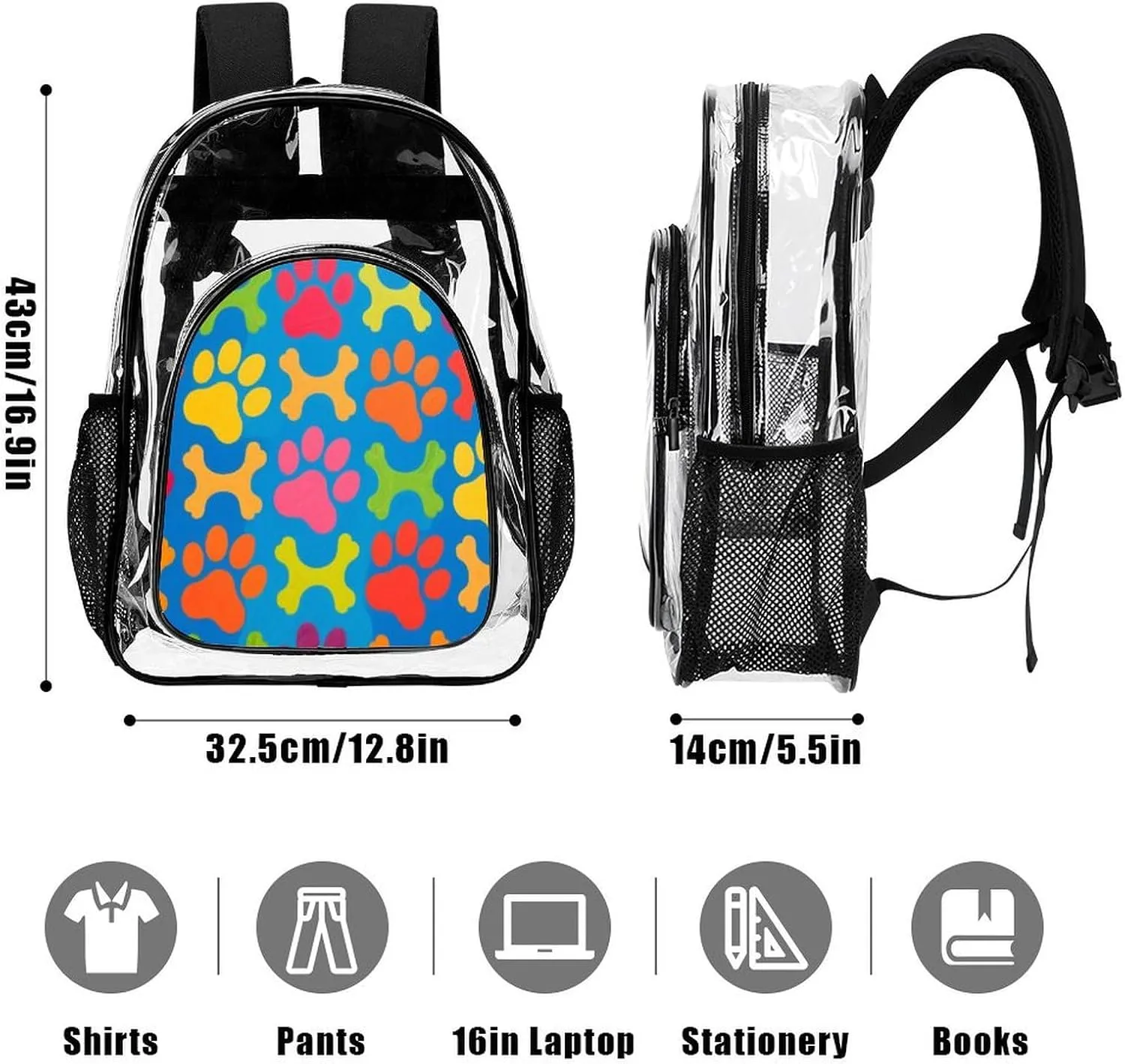 Supdreamc Lightweight Daypack Backpack for Sports Travel Running - Large Capacity Multipurpose Transparent Bookbag, Colorful Dog Bones Paw Prints Laptop Backpack Daypack