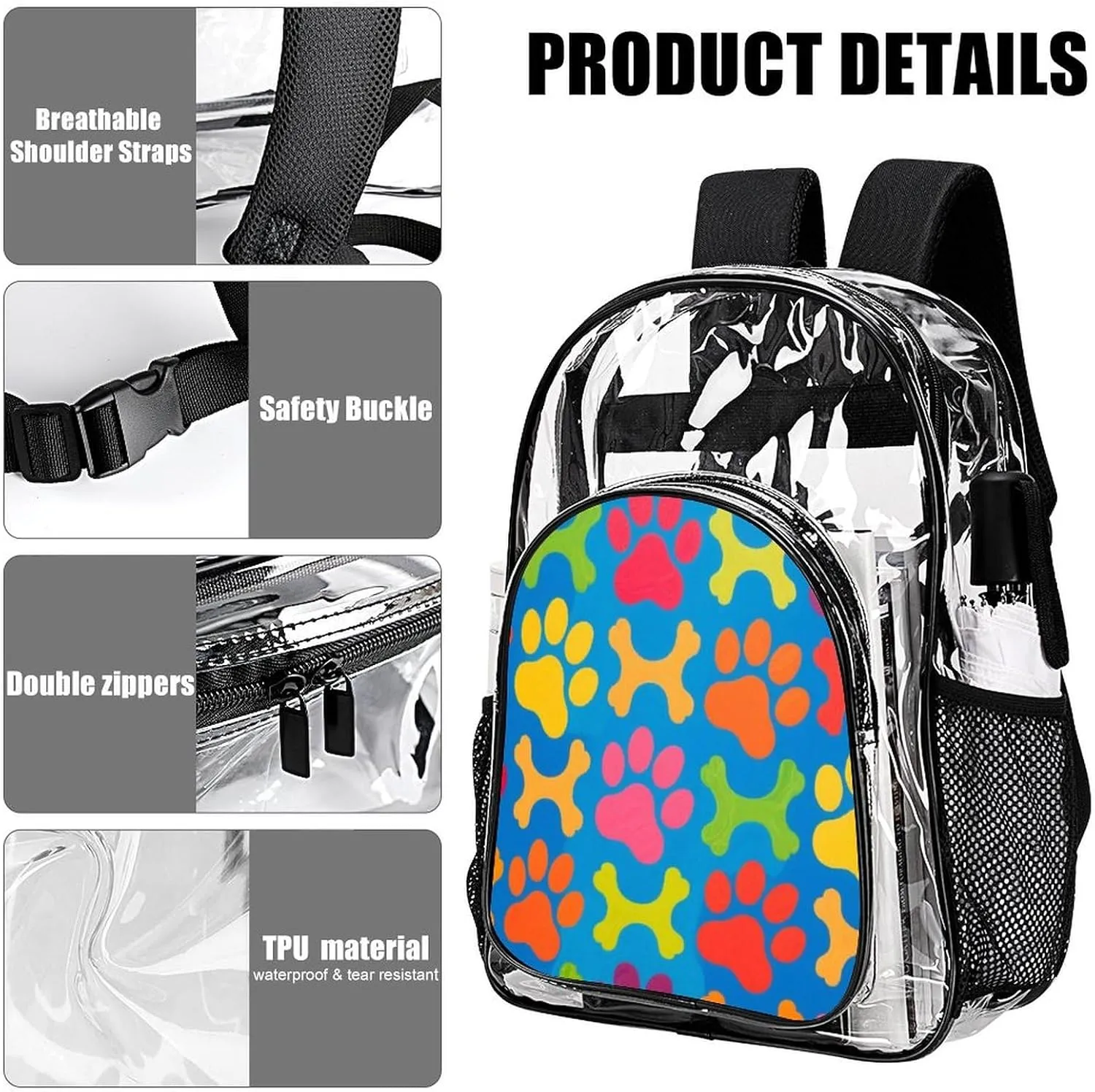 Supdreamc Lightweight Daypack Backpack for Sports Travel Running - Large Capacity Multipurpose Transparent Bookbag, Colorful Dog Bones Paw Prints Laptop Backpack Daypack