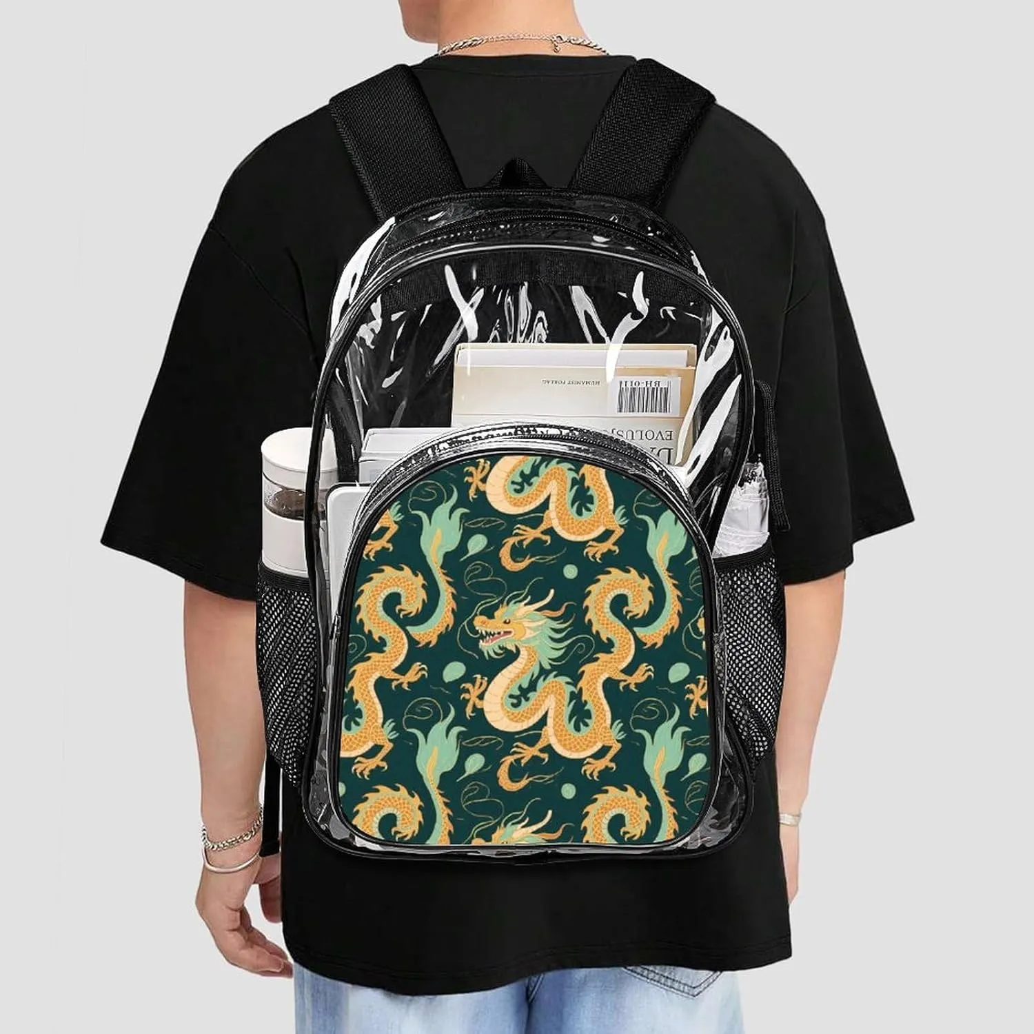 Supdreamc Lightweight Daypack Backpack for Trekking Work Running - Big Capacity Multipurpose Transparent Bookbag, Chinese Dragons Art Business Computer Bag
