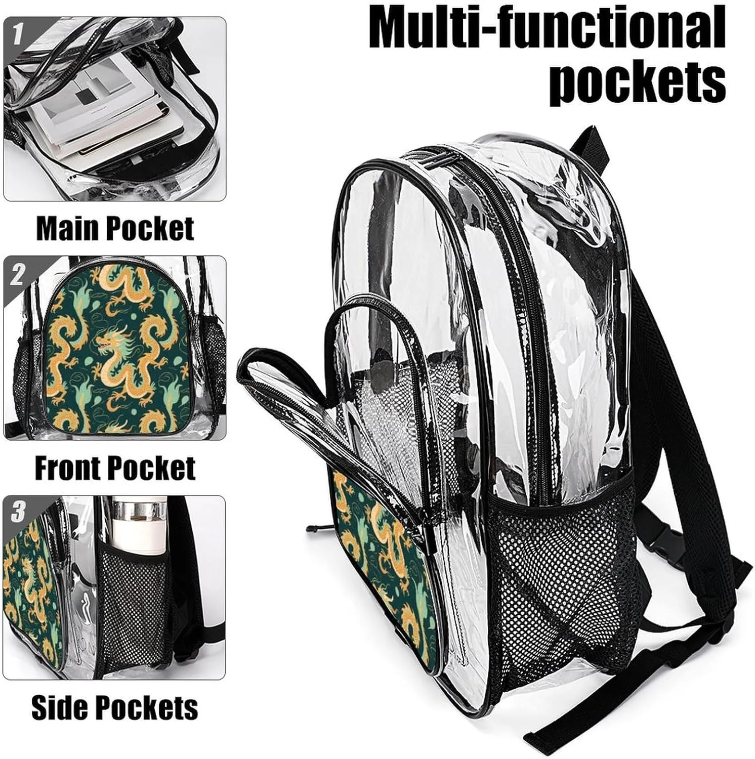 Supdreamc Lightweight Daypack Backpack for Trekking Work Running - Big Capacity Multipurpose Transparent Bookbag, Chinese Dragons Art Business Computer Bag