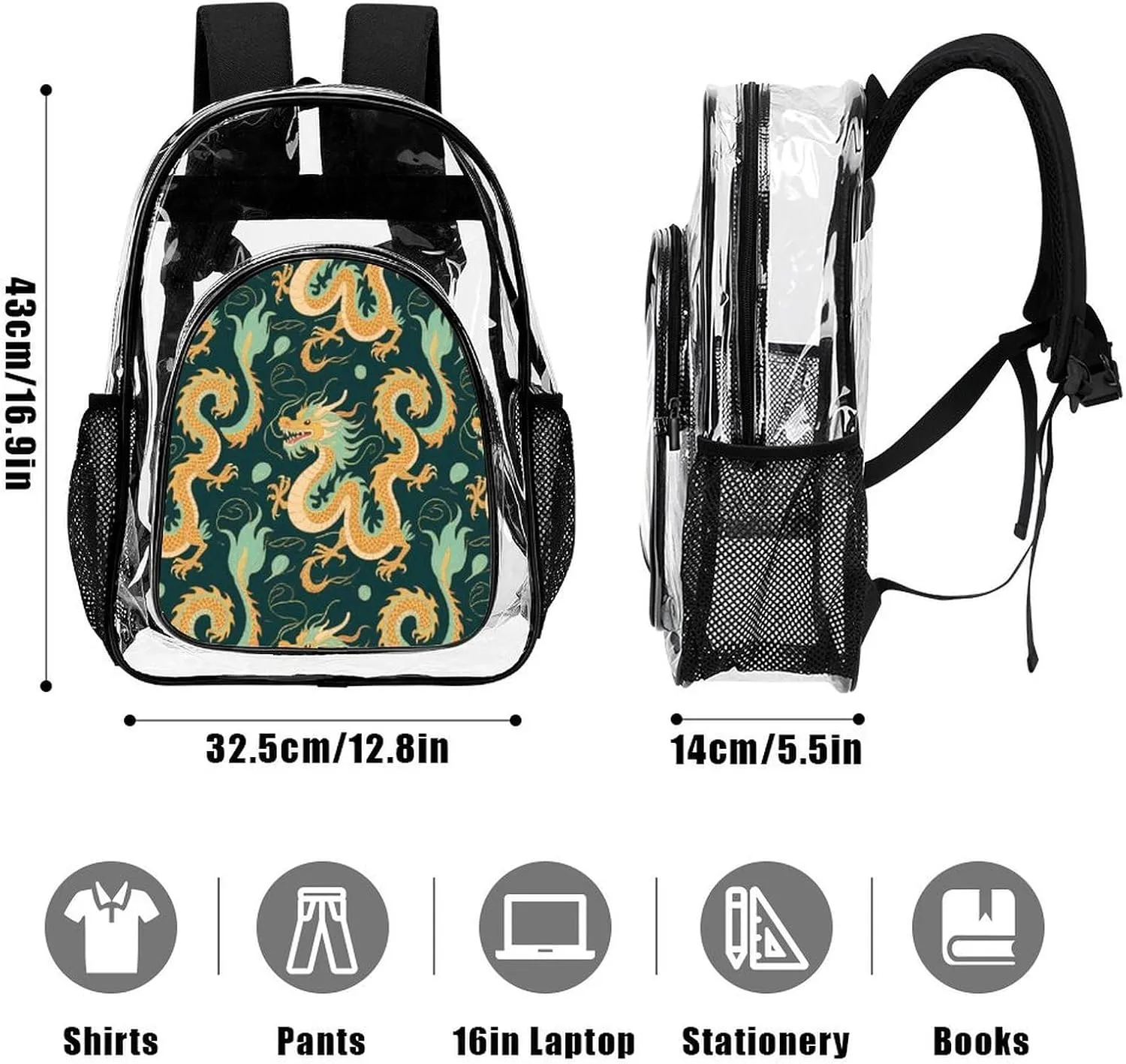 Supdreamc Lightweight Daypack Backpack for Trekking Work Running - Big Capacity Multipurpose Transparent Bookbag, Chinese Dragons Art Business Computer Bag
