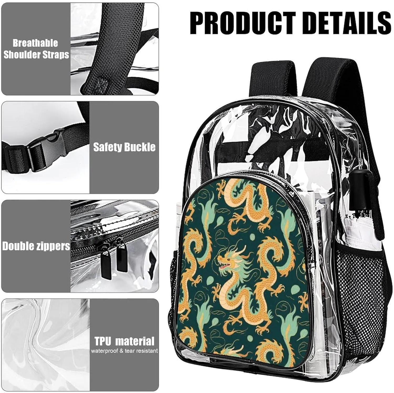 Supdreamc Lightweight Daypack Backpack for Trekking Work Running - Big Capacity Multipurpose Transparent Bookbag, Chinese Dragons Art Business Computer Bag