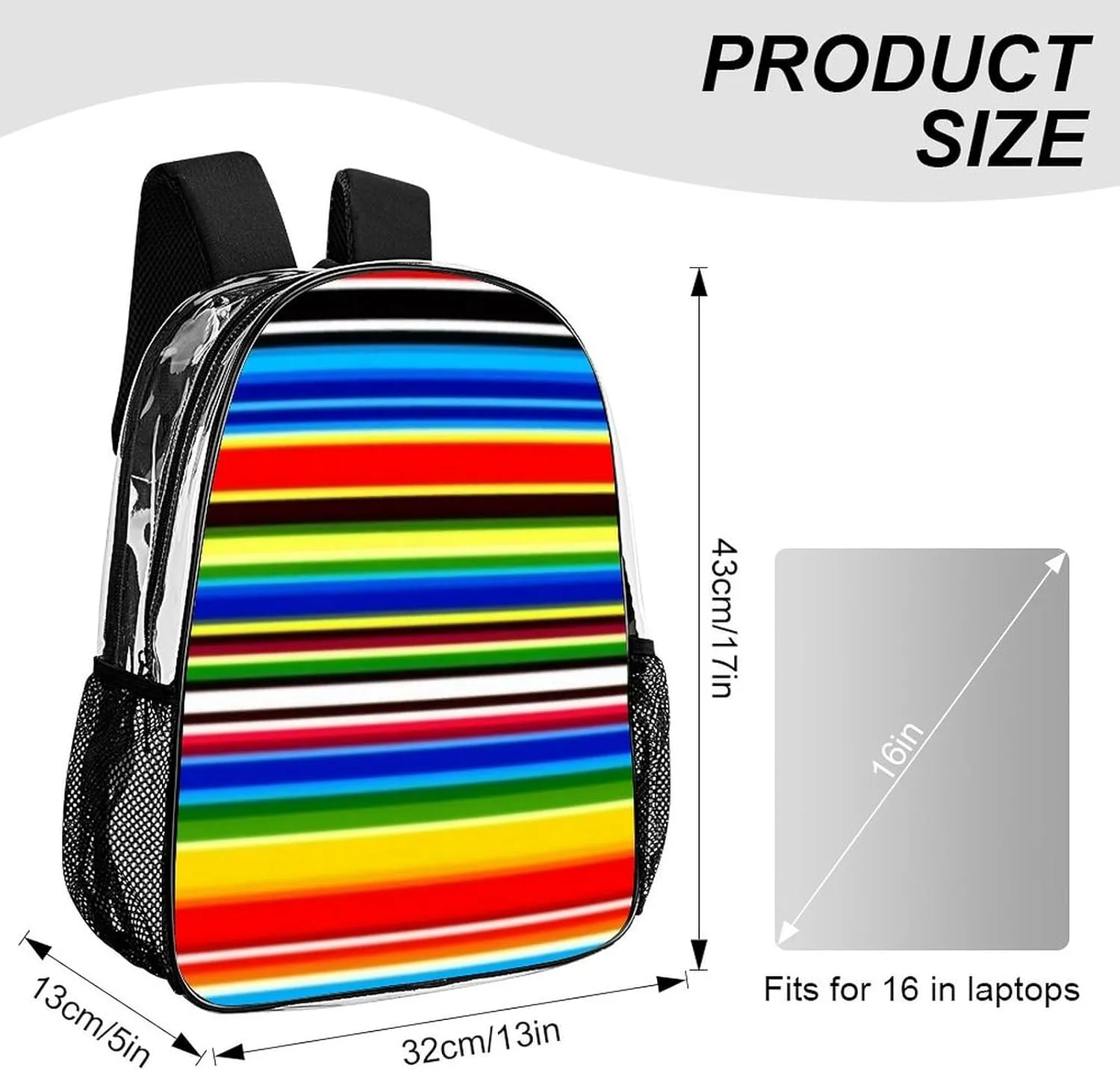 Supdreamc Men & Women Transparent Mexican Blanket Stripes Backpack Large Capacity Bookbag With Smooth Zippers for Climbing Picnic Bicycle