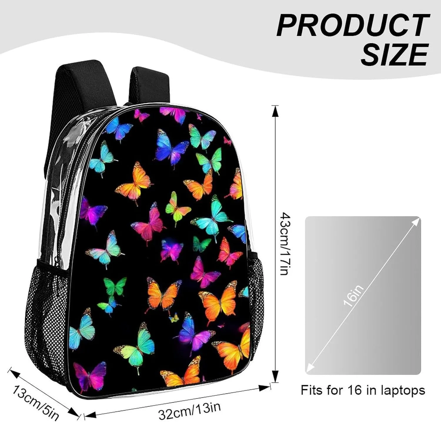 Supdreamc Men Women Lightweight Colorful Orange Monarch Butterfly Casual Daypack Big Capacity Bookbag Transparent Bag for Gym Travel Walking Cycling