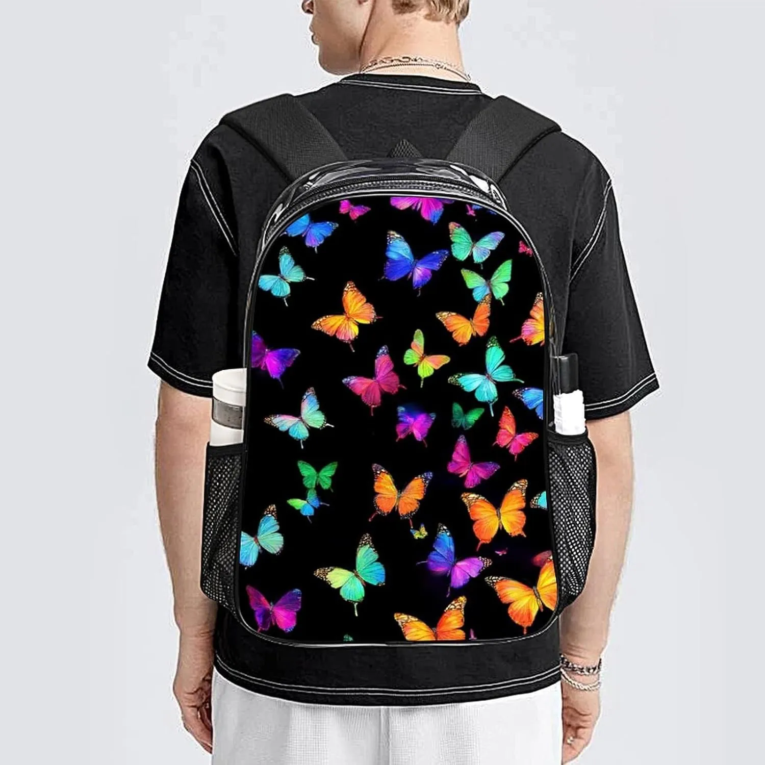 Supdreamc Men Women Lightweight Colorful Orange Monarch Butterfly Casual Daypack Big Capacity Bookbag Transparent Bag for Gym Travel Walking Cycling