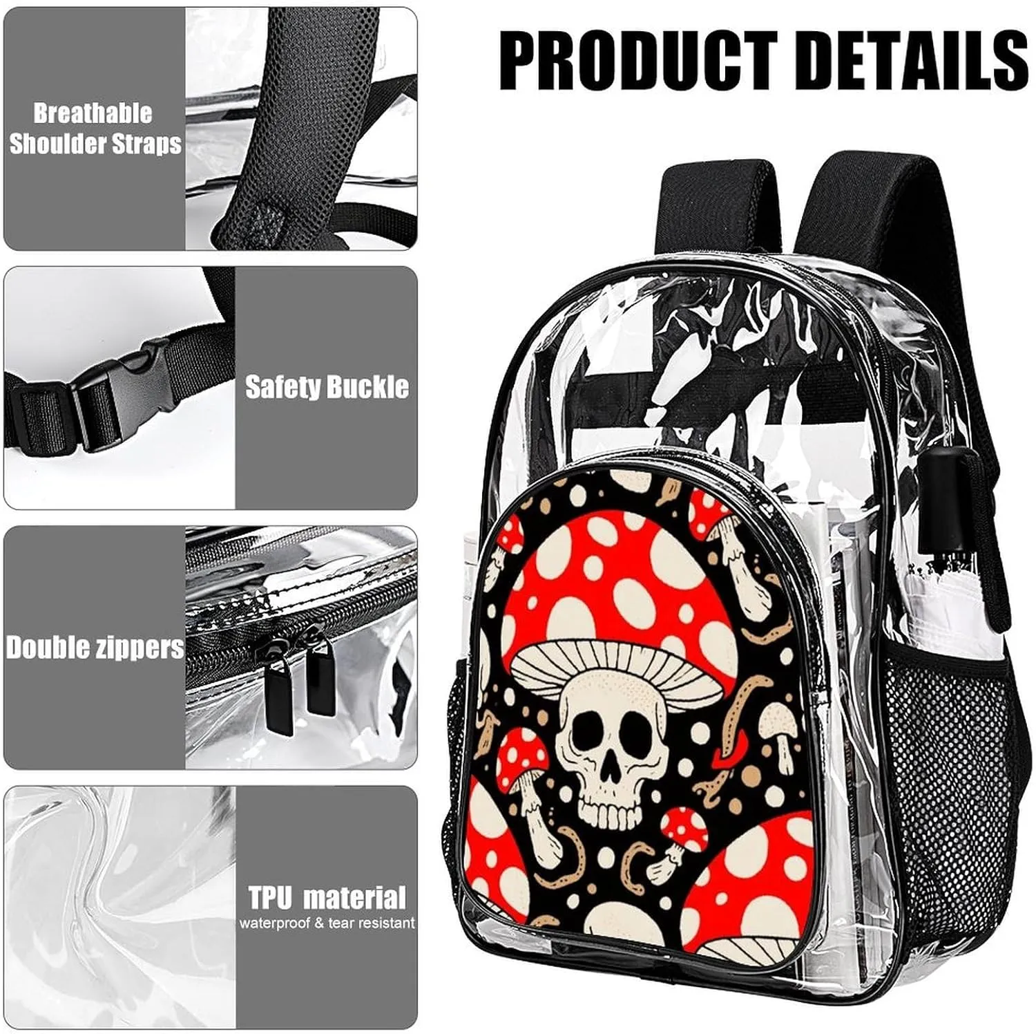 Supdreamc Men Women Lightweight Cool Skulls Mushroom Art Backpack Large Capacity Carry On Bag Transparent Bag for Sports Work Walking Cycling