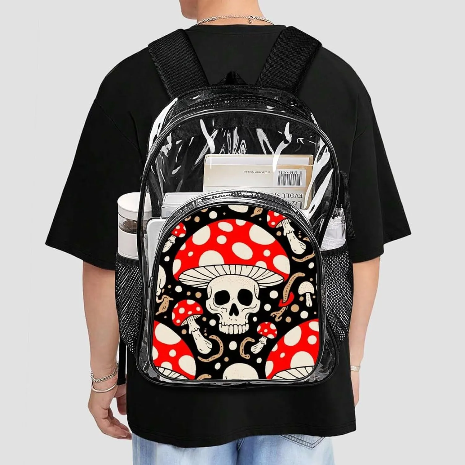 Supdreamc Men Women Lightweight Cool Skulls Mushroom Art Backpack Large Capacity Carry On Bag Transparent Bag for Sports Work Walking Cycling