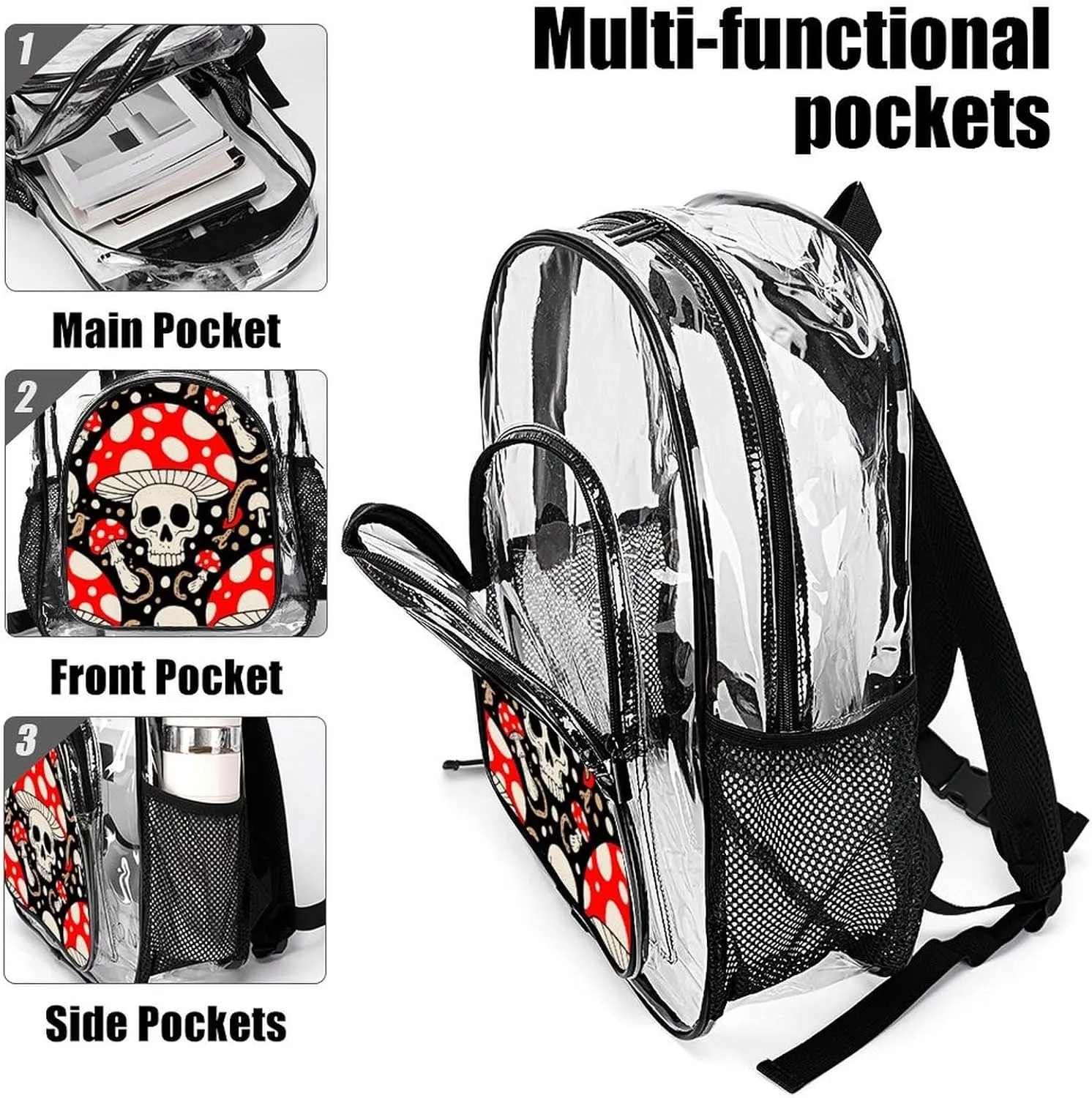 Supdreamc Men Women Lightweight Cool Skulls Mushroom Art Backpack Large Capacity Carry On Bag Transparent Bag for Sports Work Walking Cycling