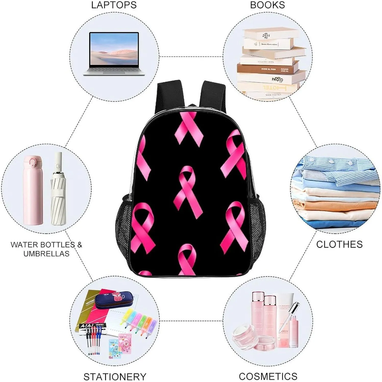 Supdreamc Men Women Transparent Breast Cancer Awareness Ribbons Black Daypack Big Capacity Shoulder Bag With Smooth Zippers for Hiking Work Walking Cycling
