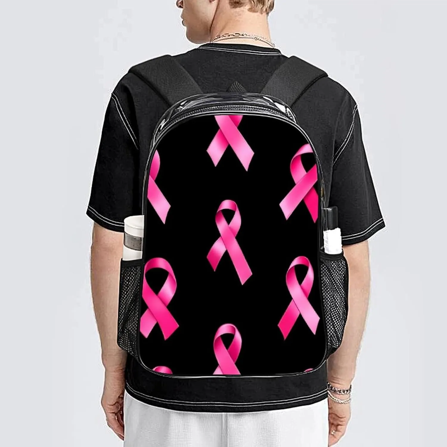 Supdreamc Men Women Transparent Breast Cancer Awareness Ribbons Black Daypack Big Capacity Shoulder Bag With Smooth Zippers for Hiking Work Walking Cycling
