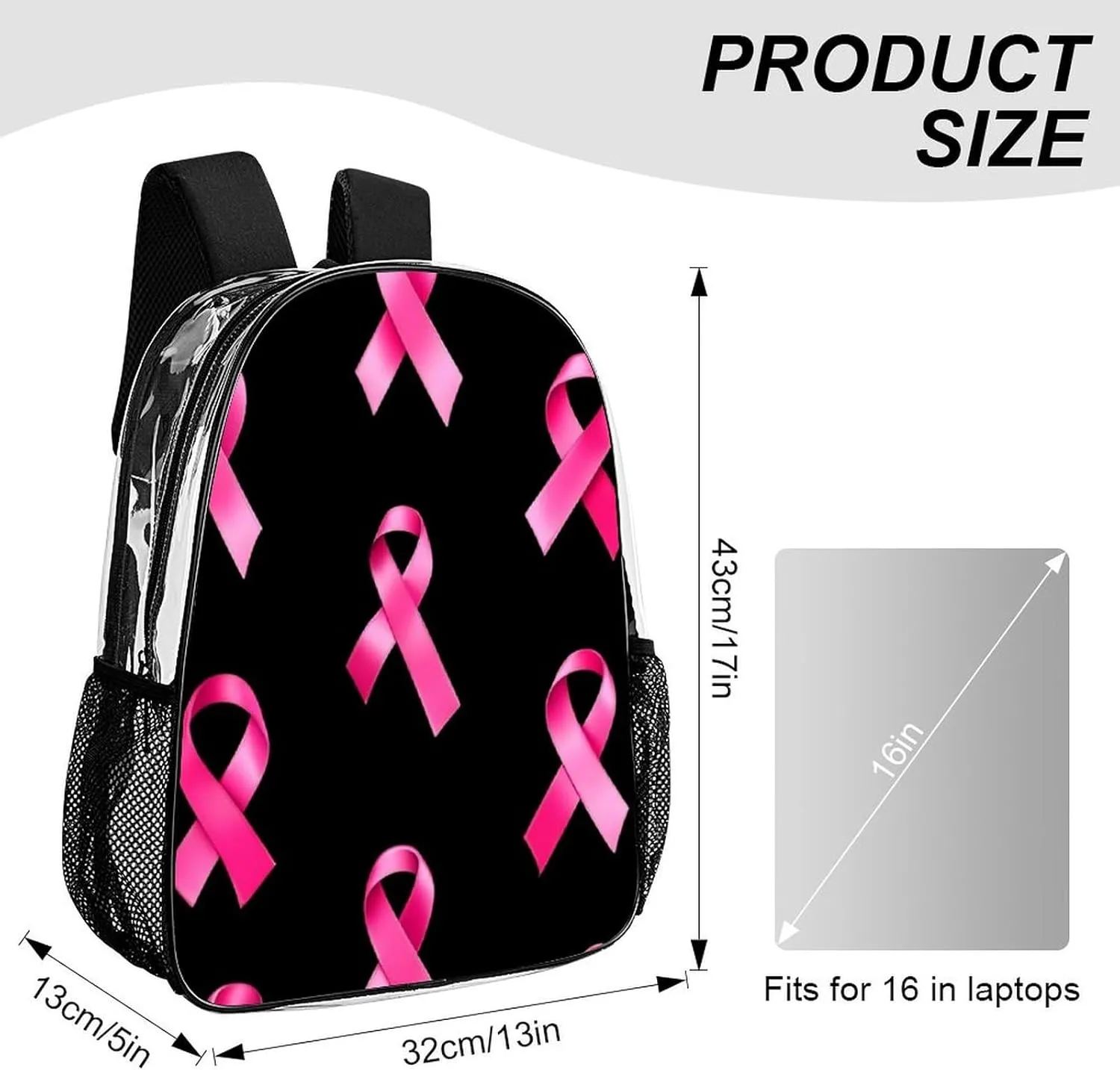 Supdreamc Men Women Transparent Breast Cancer Awareness Ribbons Black Daypack Big Capacity Shoulder Bag With Smooth Zippers for Hiking Work Walking Cycling