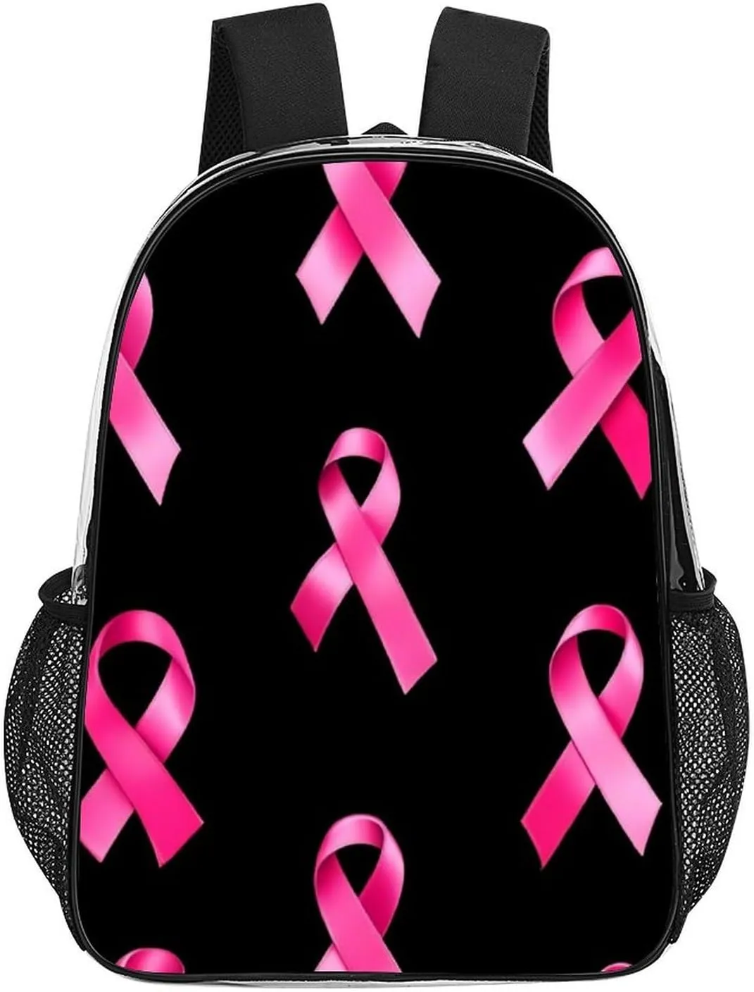 Supdreamc Men Women Transparent Breast Cancer Awareness Ribbons Black Daypack Big Capacity Shoulder Bag With Smooth Zippers for Hiking Work Walking Cycling