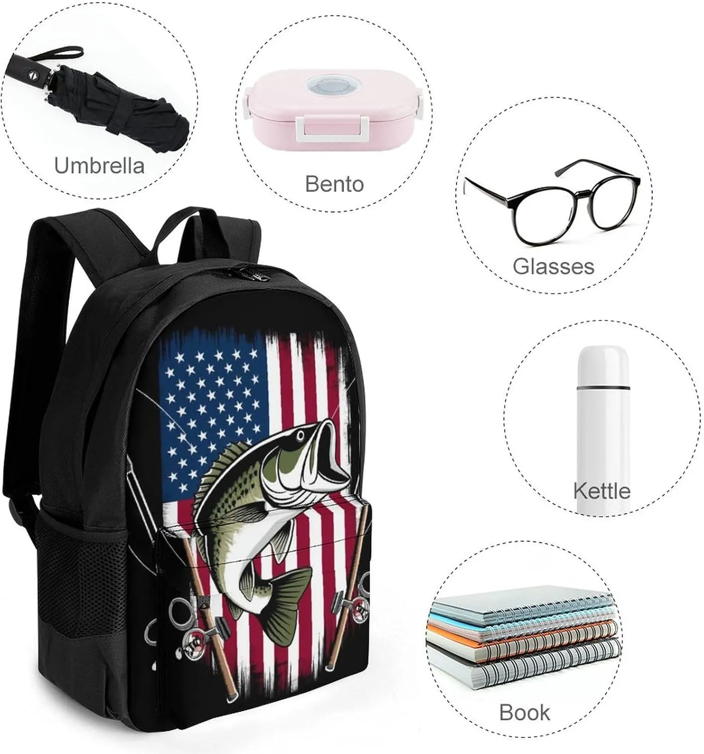 Supdreamc Rucksack Multipurpose Anti-Theft Big Capacity Shoulder Bag - Vintage Bass Fishing Lure American Flag Travel Hiking & Camping Rucksack With Side Pockets