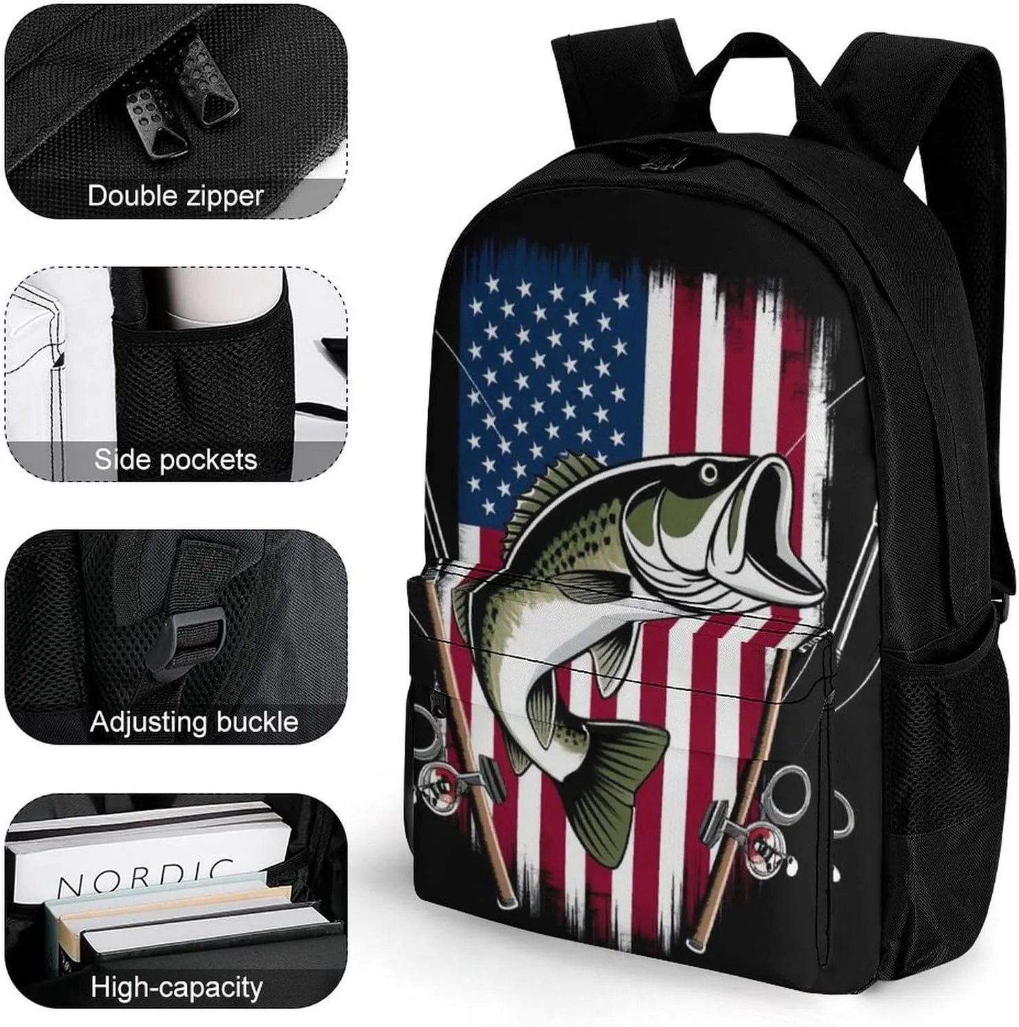 Supdreamc Rucksack Multipurpose Anti-Theft Big Capacity Shoulder Bag - Vintage Bass Fishing Lure American Flag Travel Hiking & Camping Rucksack With Side Pockets