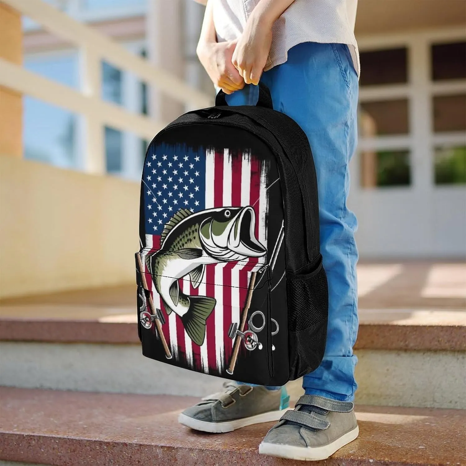 Supdreamc Rucksack Multipurpose Anti-Theft Big Capacity Shoulder Bag - Vintage Bass Fishing Lure American Flag Travel Hiking & Camping Rucksack With Side Pockets