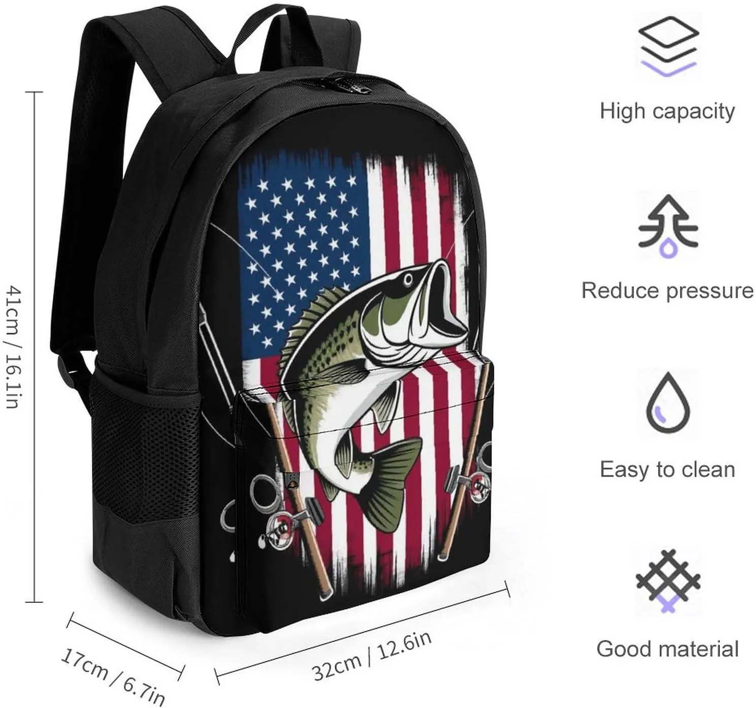 Supdreamc Rucksack Multipurpose Anti-Theft Big Capacity Shoulder Bag - Vintage Bass Fishing Lure American Flag Travel Hiking & Camping Rucksack With Side Pockets