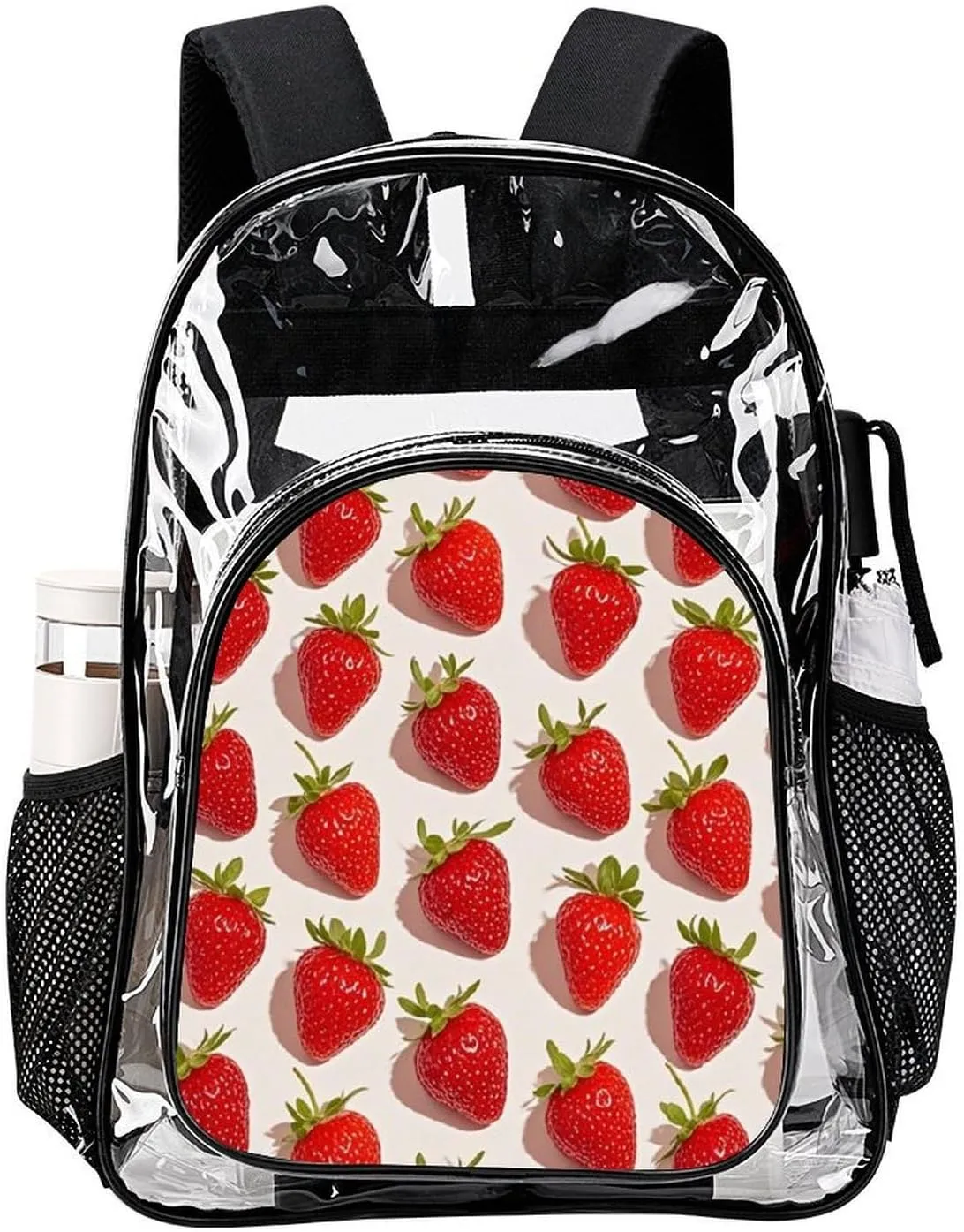 Supdreamc Transparent Daypack Backpack for Climbing Outdoors Running - Big Capacity Multipurpose Anti-Theft Bookbag, Cute Pink Strawberry Art Travel Hiking & Camping Rucksack