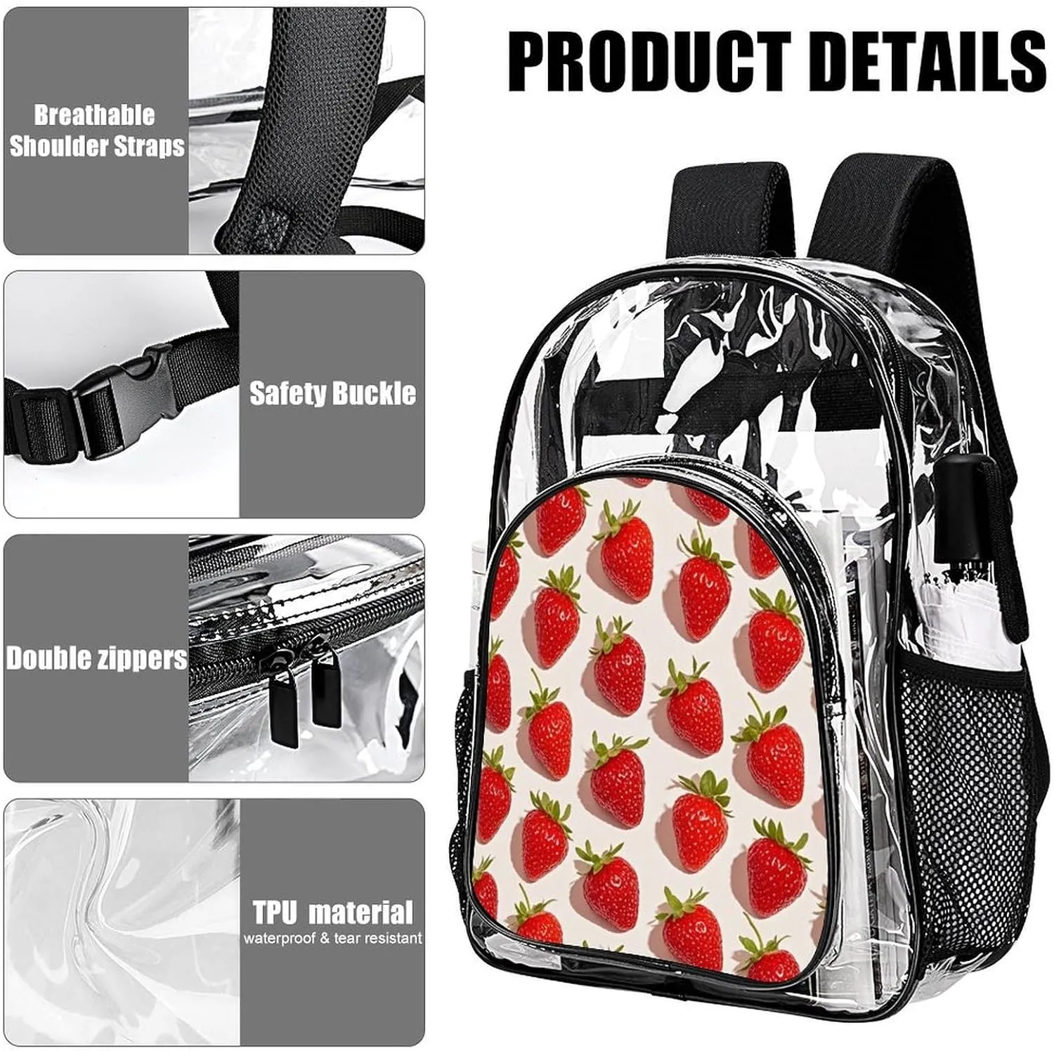 Supdreamc Transparent Daypack Backpack for Climbing Outdoors Running - Big Capacity Multipurpose Anti-Theft Bookbag, Cute Pink Strawberry Art Travel Hiking & Camping Rucksack
