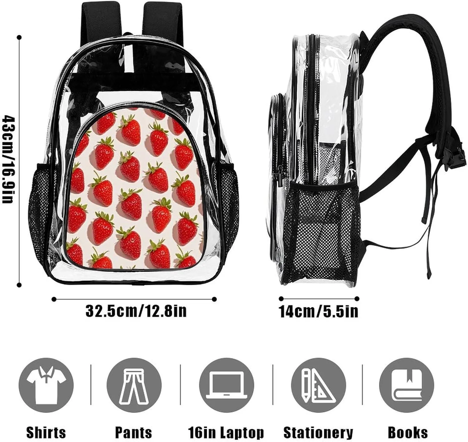 Supdreamc Transparent Daypack Backpack for Climbing Outdoors Running - Big Capacity Multipurpose Anti-Theft Bookbag, Cute Pink Strawberry Art Travel Hiking & Camping Rucksack