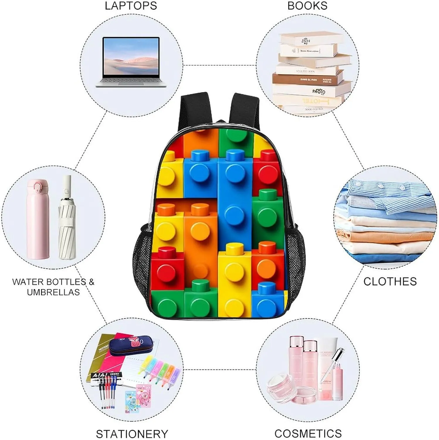 Supdreamc Transparent Daypack Backpack for Trekking Picnic Walking Cycling - Large Capacity Anti-Theft Multipurpose Shoulder Bag, Colorful Building Blocks Bricks Casual Daypack