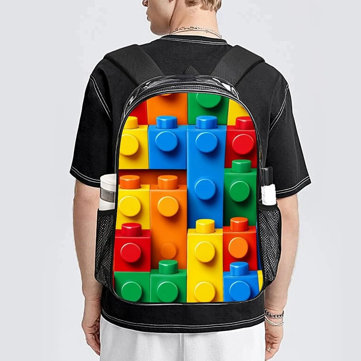 Supdreamc Transparent Daypack Backpack for Trekking Picnic Walking Cycling - Large Capacity Anti-Theft Multipurpose Shoulder Bag, Colorful Building Blocks Bricks Casual Daypack