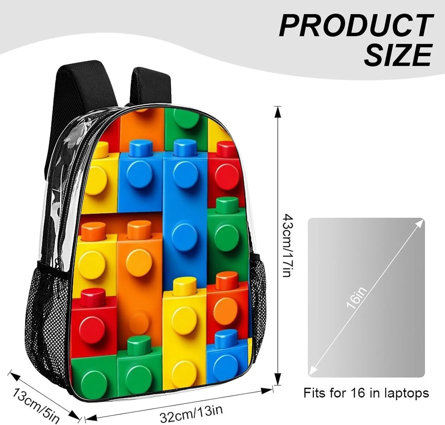 Supdreamc Transparent Daypack Backpack for Trekking Picnic Walking Cycling - Large Capacity Anti-Theft Multipurpose Shoulder Bag, Colorful Building Blocks Bricks Casual Daypack