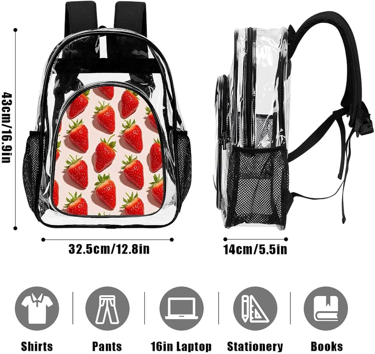Supdreamc Women Men Transparent Cute Pink Strawberry Art Casual Daypack Large Capacity Bookbag With Side Pockets for Sports Picnic Walking Cycling